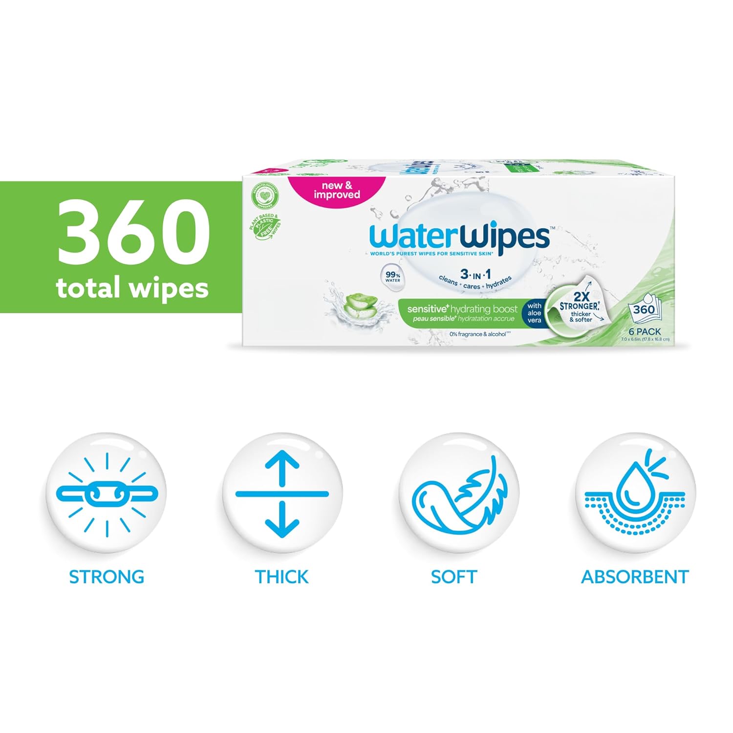 WaterWipes Sensitive+ Hydrating Boost Wipes, 3-In-1 Cleans, Cares, Hydrates, 99% Water with Aloe Vera, Unscented & HypoallergenicBaby wipes, 360 Count (6 Packs)