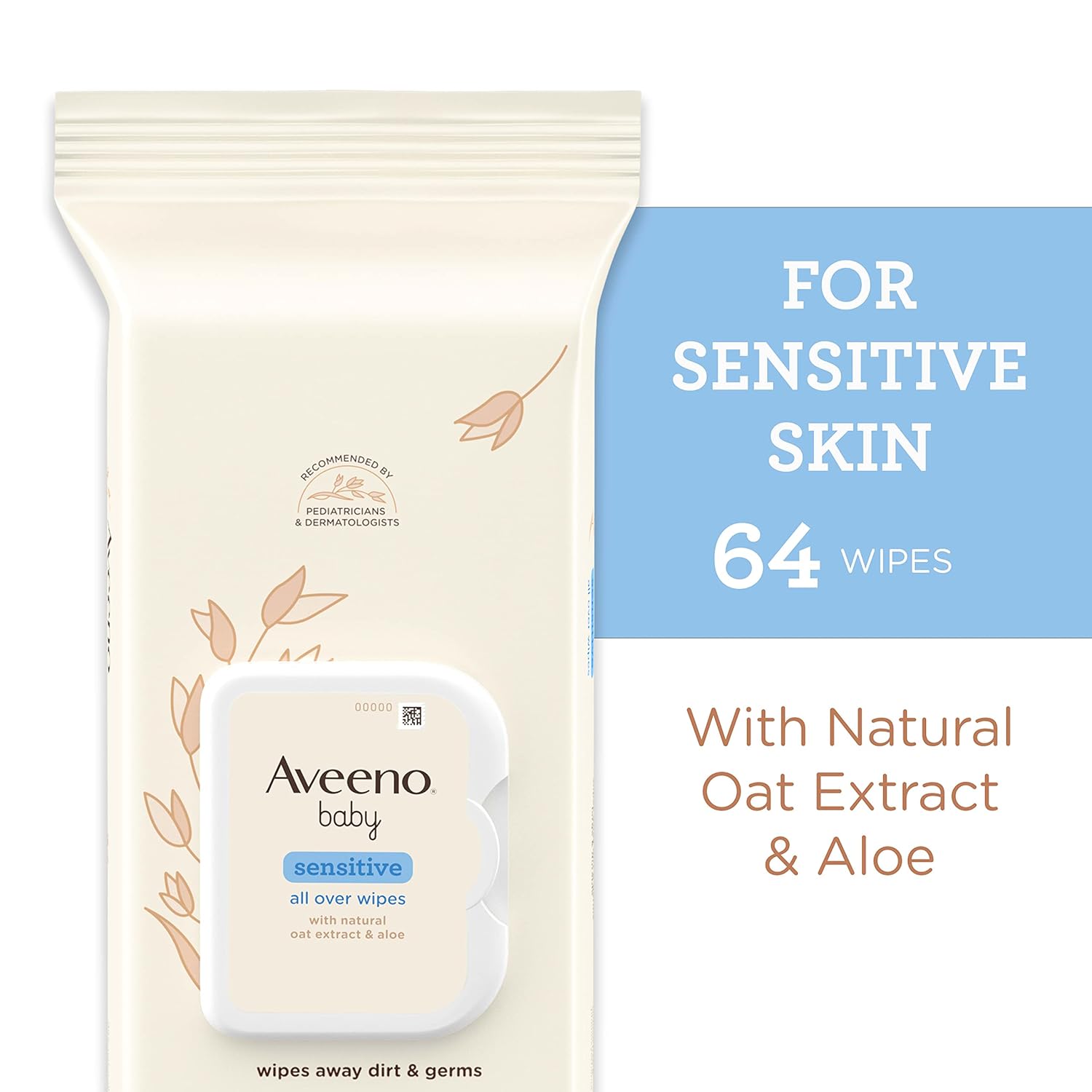 Aveeno Baby Sensitive All Over Wipes with Aloe & Natural Oat Extract for Face, Bottom, Hands & Body, pH-Balanced, Hypoallergenic, Fragrance-, Phenoxyethanol- & Alcohol-Free, 64 ct per pack