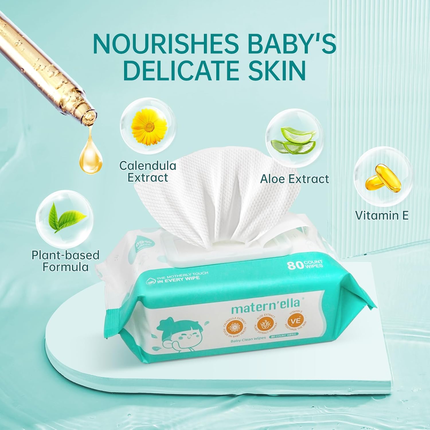 MATERN'ELLABaby wipes, Diaper Wipes for Sensitive Skin, Wet Wipes with 99% Water Based, Hypoallergenic, Safe and Gentle, 4 Flip-Top Packs (320 Wipes Total)