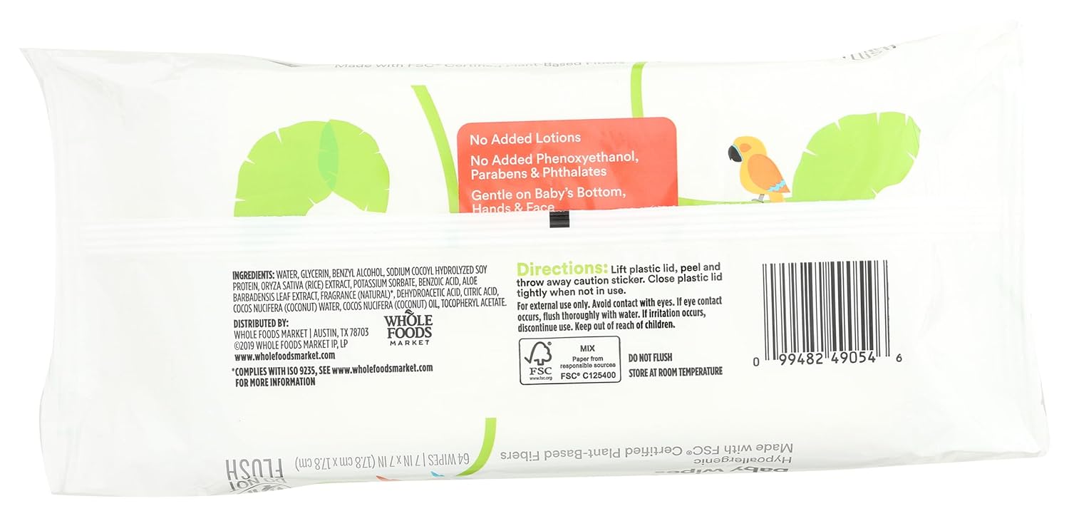 365 by Whole Foods Market, Soft & Strong DisposableBaby wipes, Enriched with Coconut Oil, 64 Count