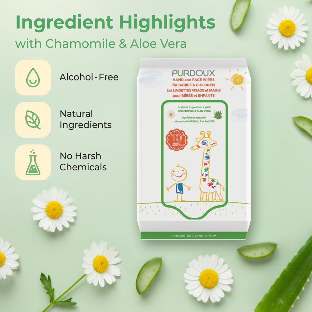 PURDOUX TM Hand and Face Wipes for Babies and Children 120 Wipes (12 Packs of 10)