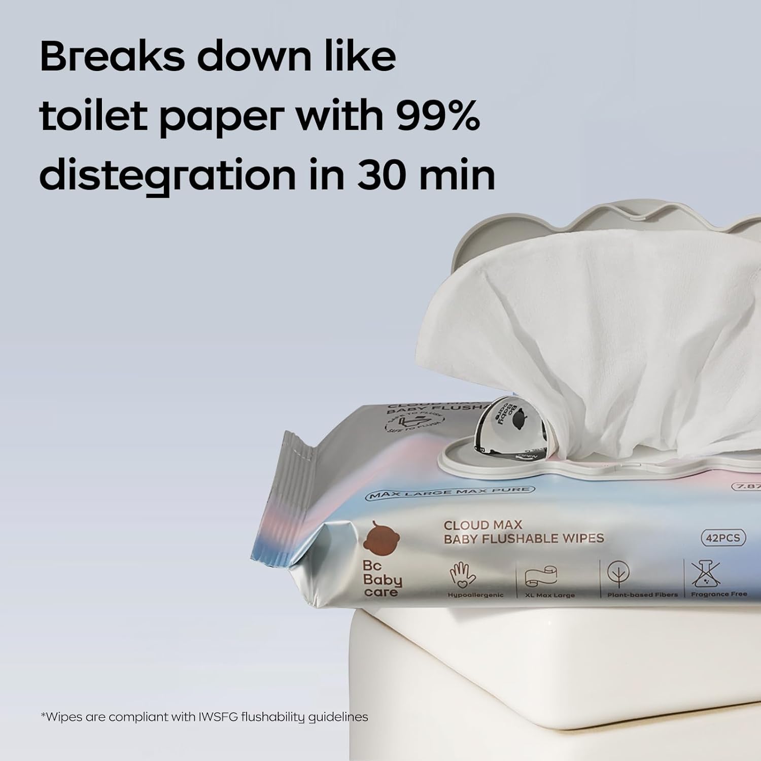 Alternative view of Bc Babycare Cloud Max Flushable Wipes, Hypoallergenic for Sensitive Skin, 99% Water, Plant-Based Fibers, Sewer + Septic Safe, Fragrance Free Toddler Potty Training, 336 Wipes, 8 Pack