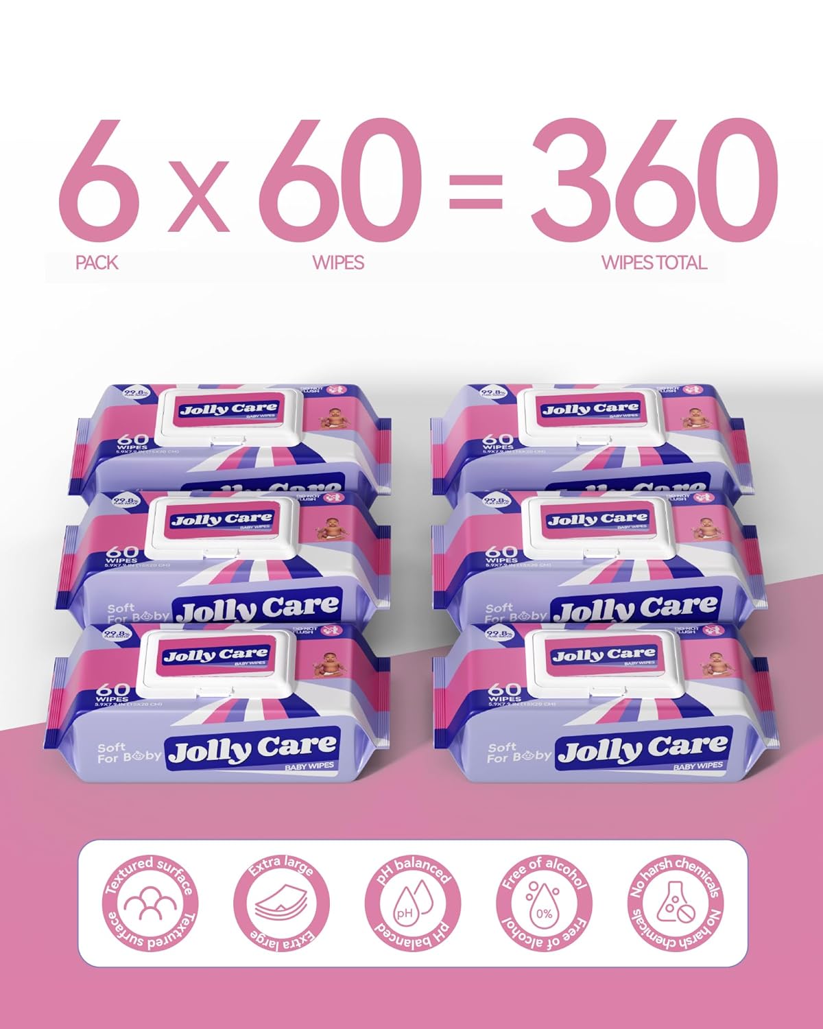 Jolly Care SensitiveBaby wipes Unscented, 99% Water-based Wipes, Fragrance-free, Alcohol-free, Hypoallergenic, Soft, Large and Thick for Hands, Face, Toys, 6 Flip-Top Packs (360 Wipes Total)