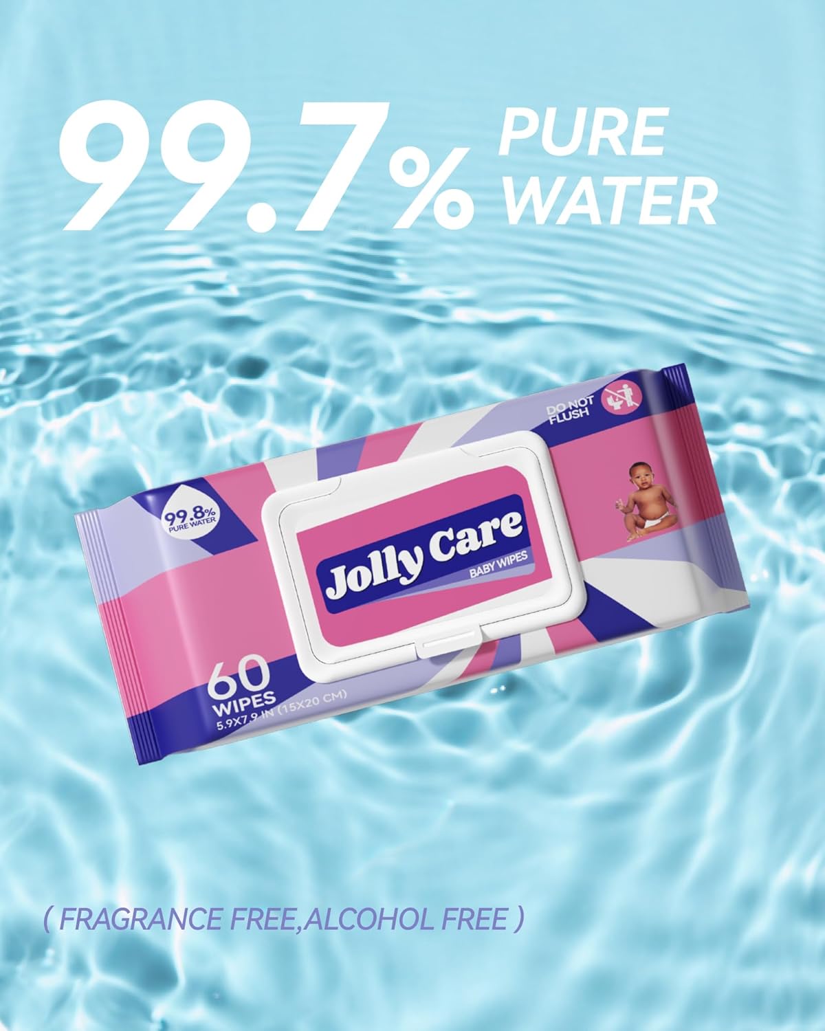 Alternative view of Jolly Care SensitiveBaby wipes Unscented, 99% Water-based Wipes, Fragrance-free, Alcohol-free, Hypoallergenic, Soft, Large and Thick for Hands, Face, Toys, 6 Flip-Top Packs (360 Wipes Total)