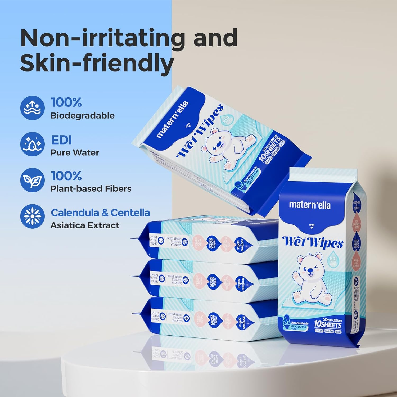 Alternative view of MATERN'ELLA Pocket Butt Wipes, On-The-Go, Calendula & Centella Asiatica Extract & Flushable Wipes, Fragrance free & Extra Large Total 180 Wipes (10 Sheet+2 Sheet) Pack of 15