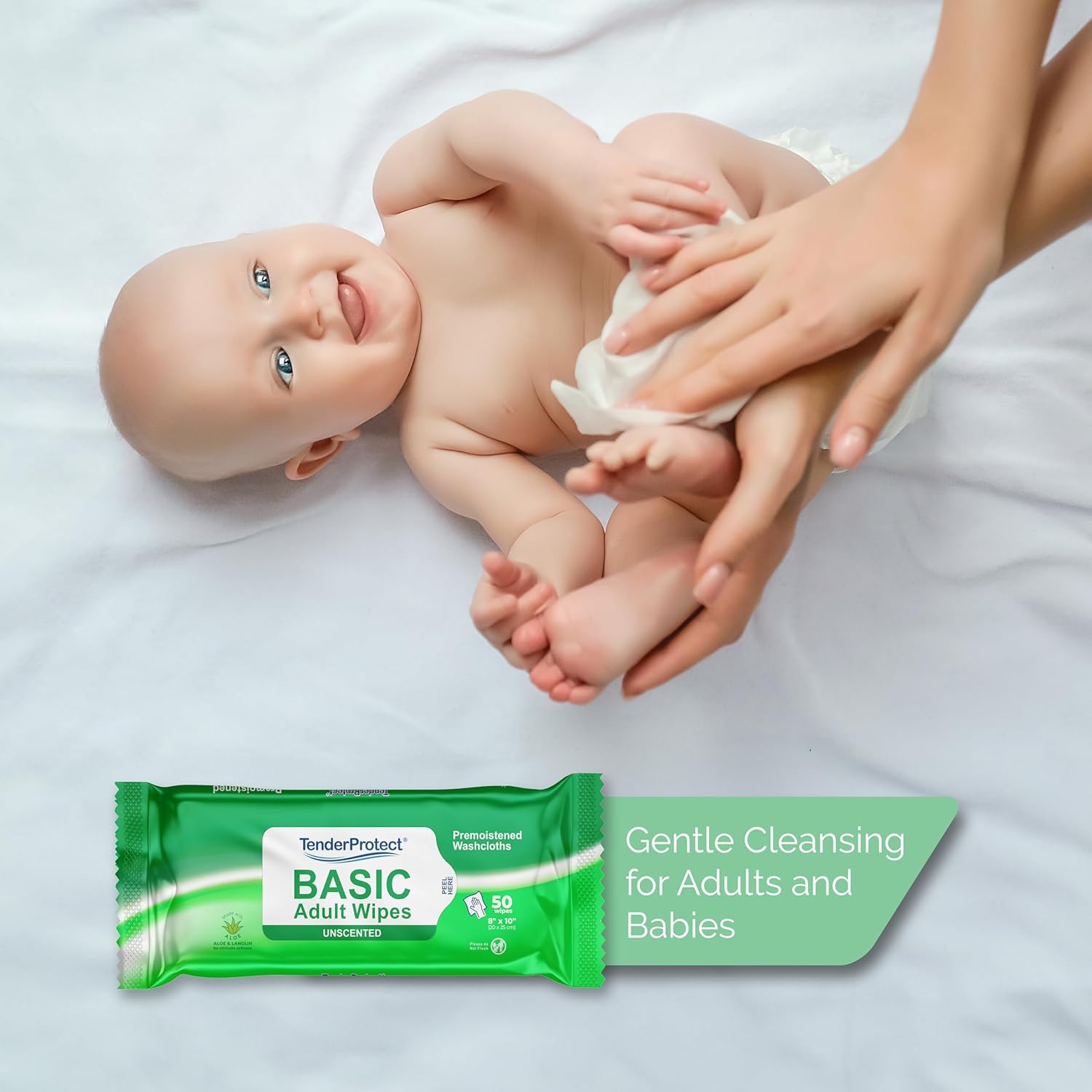 TenderProtect® Basic Adult Wipes, Large 8u201D x 10u201D, Super Soft Wash Cloths for Skin Cleansing, Everyday Wipes for Adults and Babies, Incontinence Care, Unscented & Hypoallergenic, 50 count(1 pk of 50)