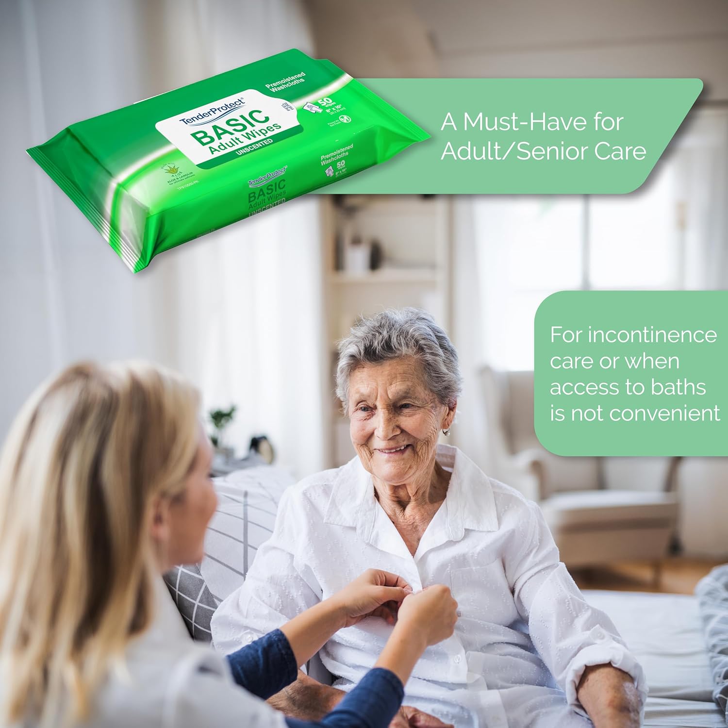 Alternative view of TenderProtect® Basic Adult Wipes, Large 8u201D x 10u201D, Super Soft Wash Cloths for Skin Cleansing, Everyday Wipes for Adults and Babies, Incontinence Care, Unscented & Hypoallergenic, 50 count(1 pk of 50)