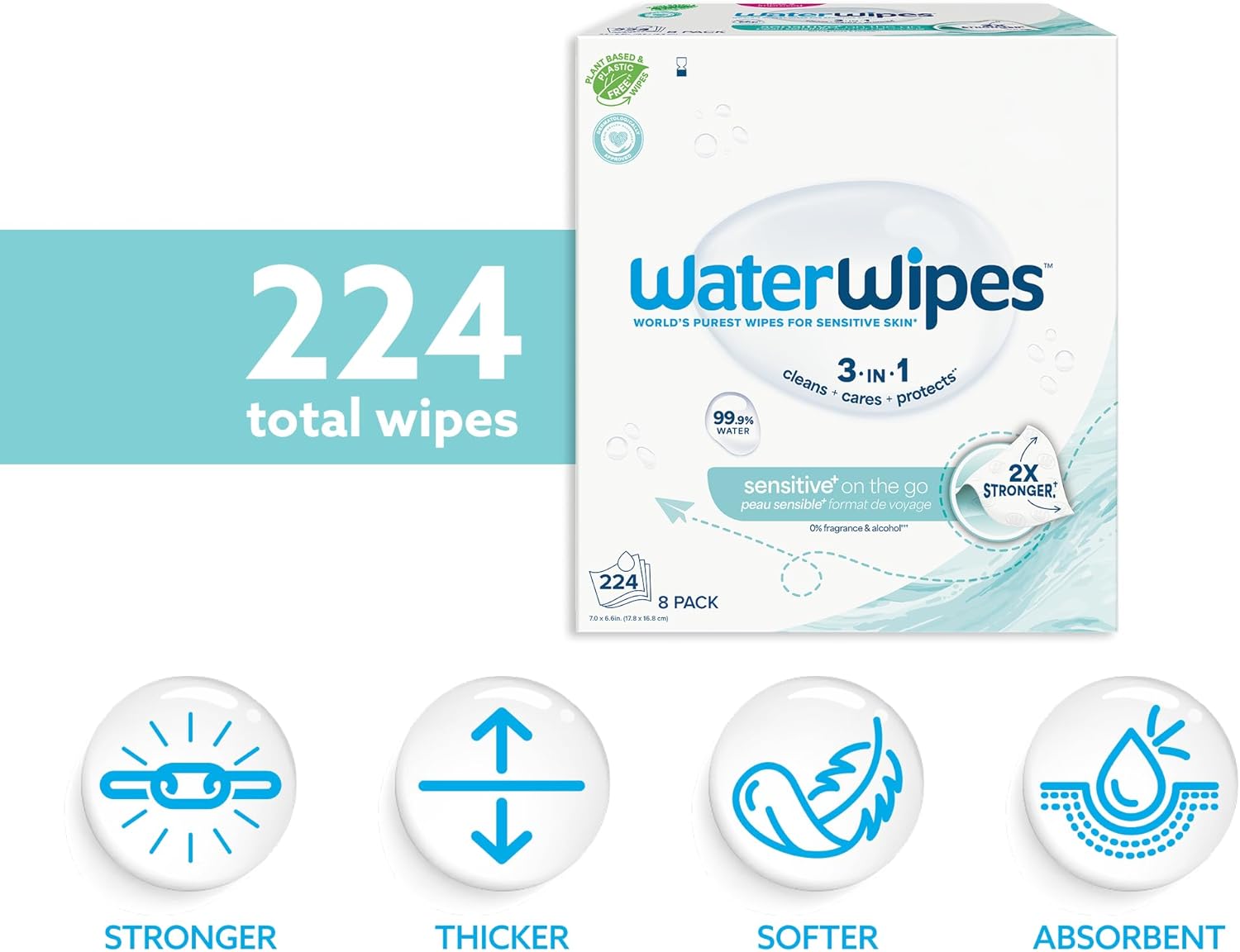 WaterWipes Sensitive+ On The Go Wipes, 3-In-1 Cleans, Cares, Protects, 99.9% Water, Unscented & Hypoallergenic Wet Wipes, 224 Count (8 Packs)