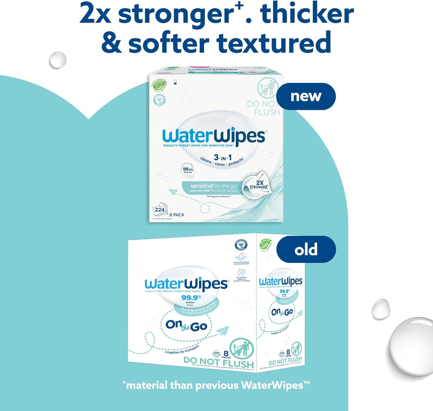 Alternative view of WaterWipes Sensitive+ On The Go Wipes, 3-In-1 Cleans, Cares, Protects, 99.9% Water, Unscented & Hypoallergenic Wet Wipes, 224 Count (8 Packs)