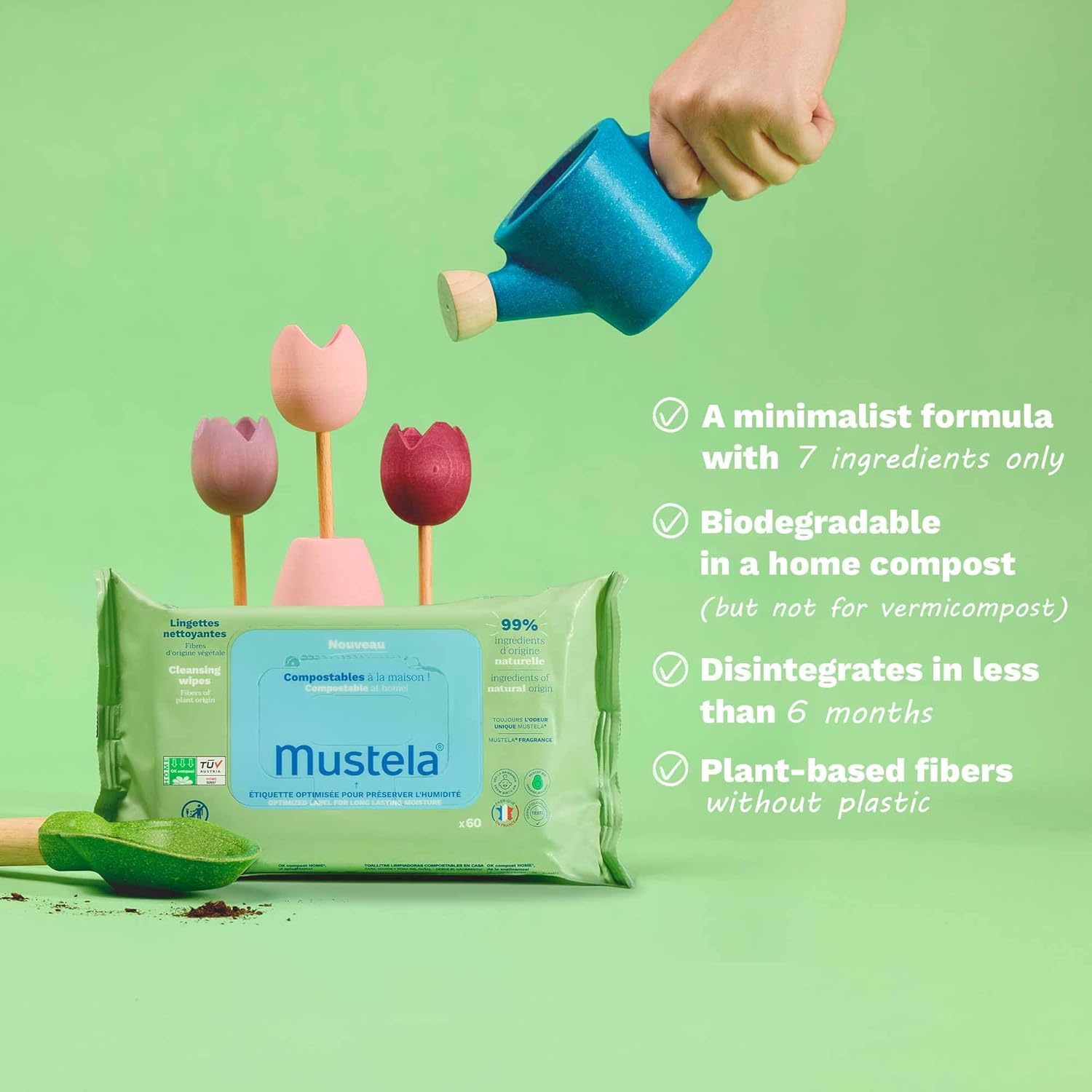 Alternative view of Mustela Baby Home Compostable Cleansing Wipes - For Face, Body & Diaper Area - 99% ingredients of natural origin & plant-based fibers - For all skin types - Fragrance Free Version & Various Sizes