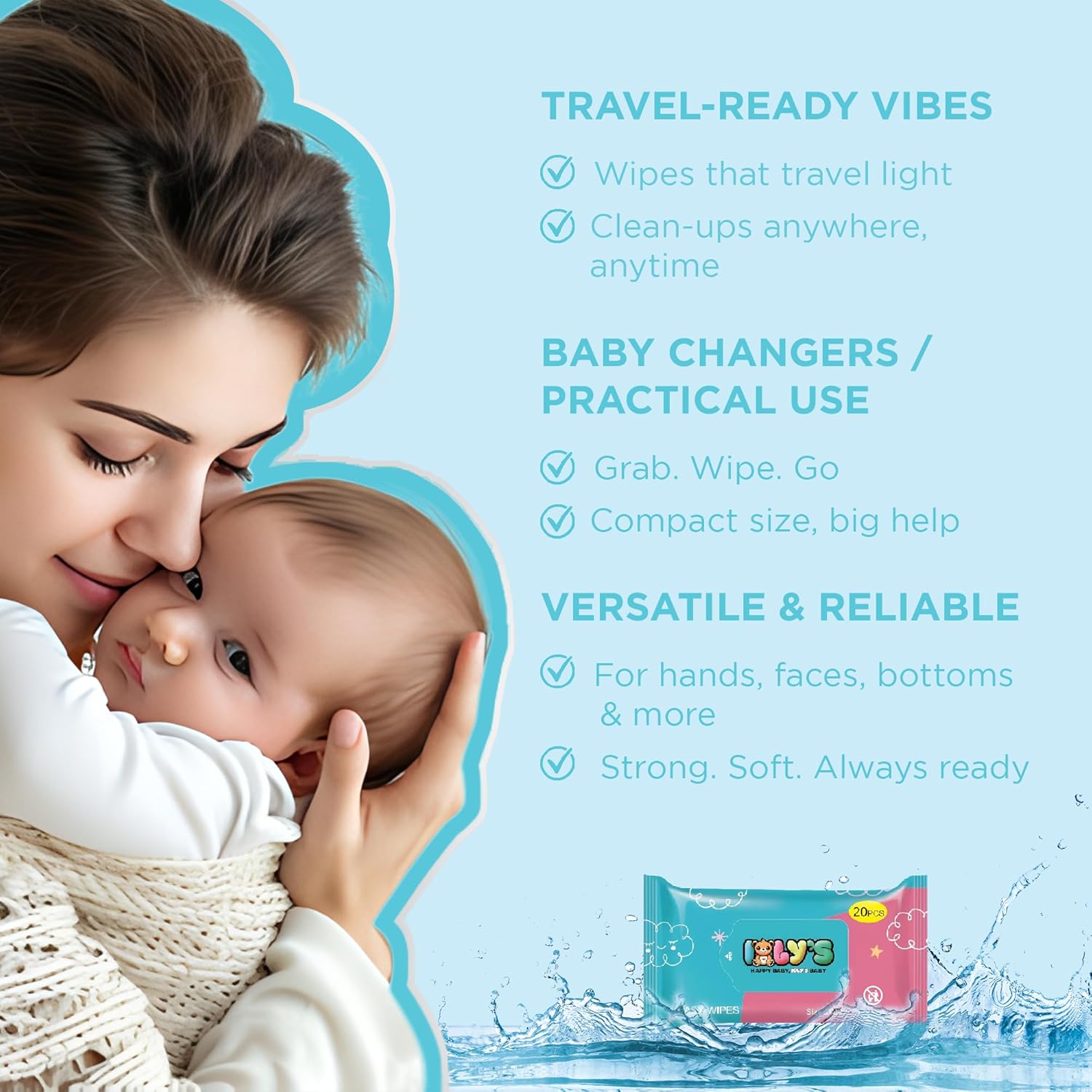 Alternative view of Ioly'sBaby wipes Unscented Wet Wipes 99% Water Based with Aloe Vera Fragrance Free Travel Pack 20 ct Hypoallergenic Water wipes for Sensitive Skin Toallitas Húmedas para Bebés Bulk Available