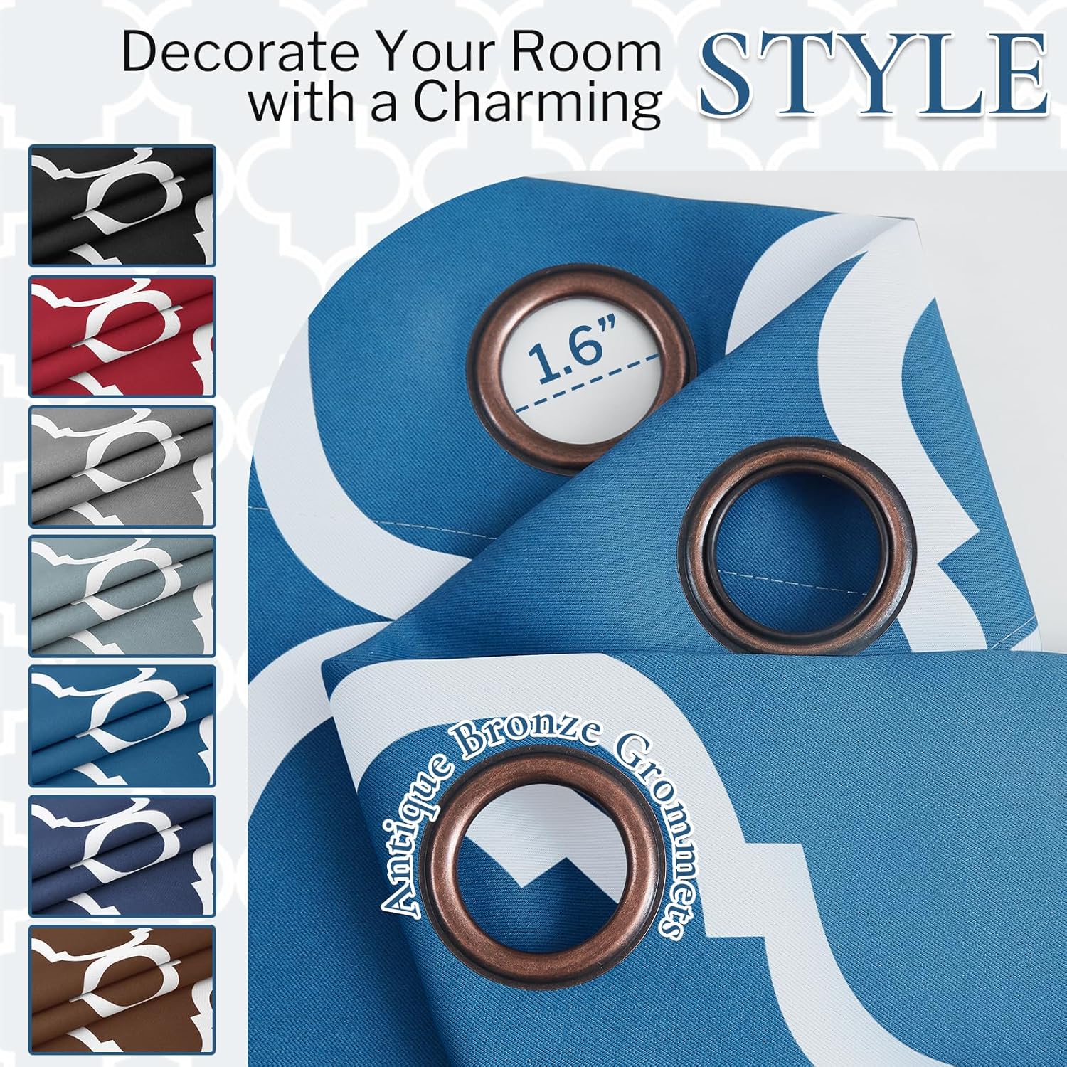 Alternative view of Melodieux Moroccan Printed Room Darkening Blackout Grommet Curtains for Bedroom Living Room Small Windows, 52 by 45 Inch, Royal Blue (2 Panels)