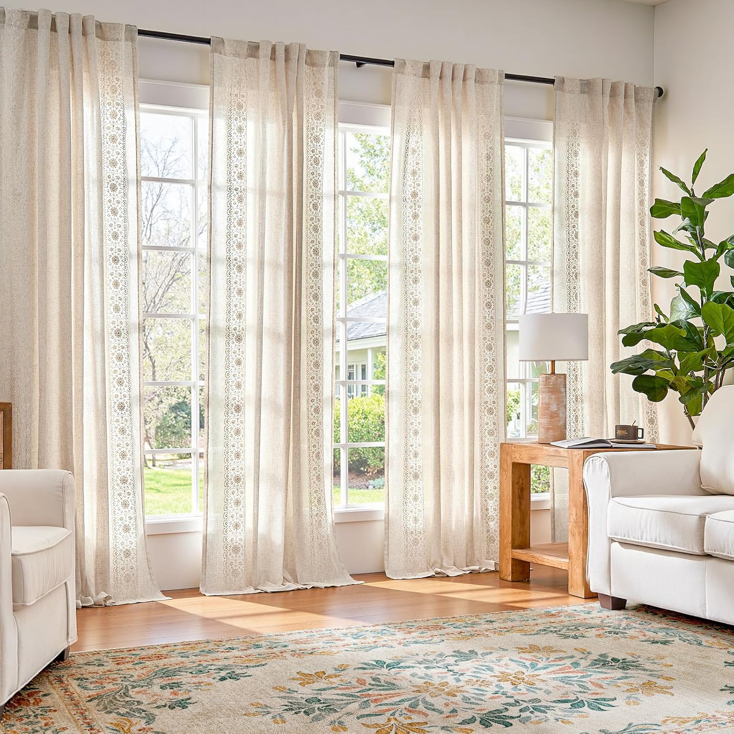 Alternative view of jinchan Weslie Boho Curtains for Bedroom Ivory Vintage Floral Farmhouse Curtains 96 Inches Long Linen Drapes for Living Room Embroidered Light Filtering Drapes Rod Pocket Ivory on Beige 2 Panels