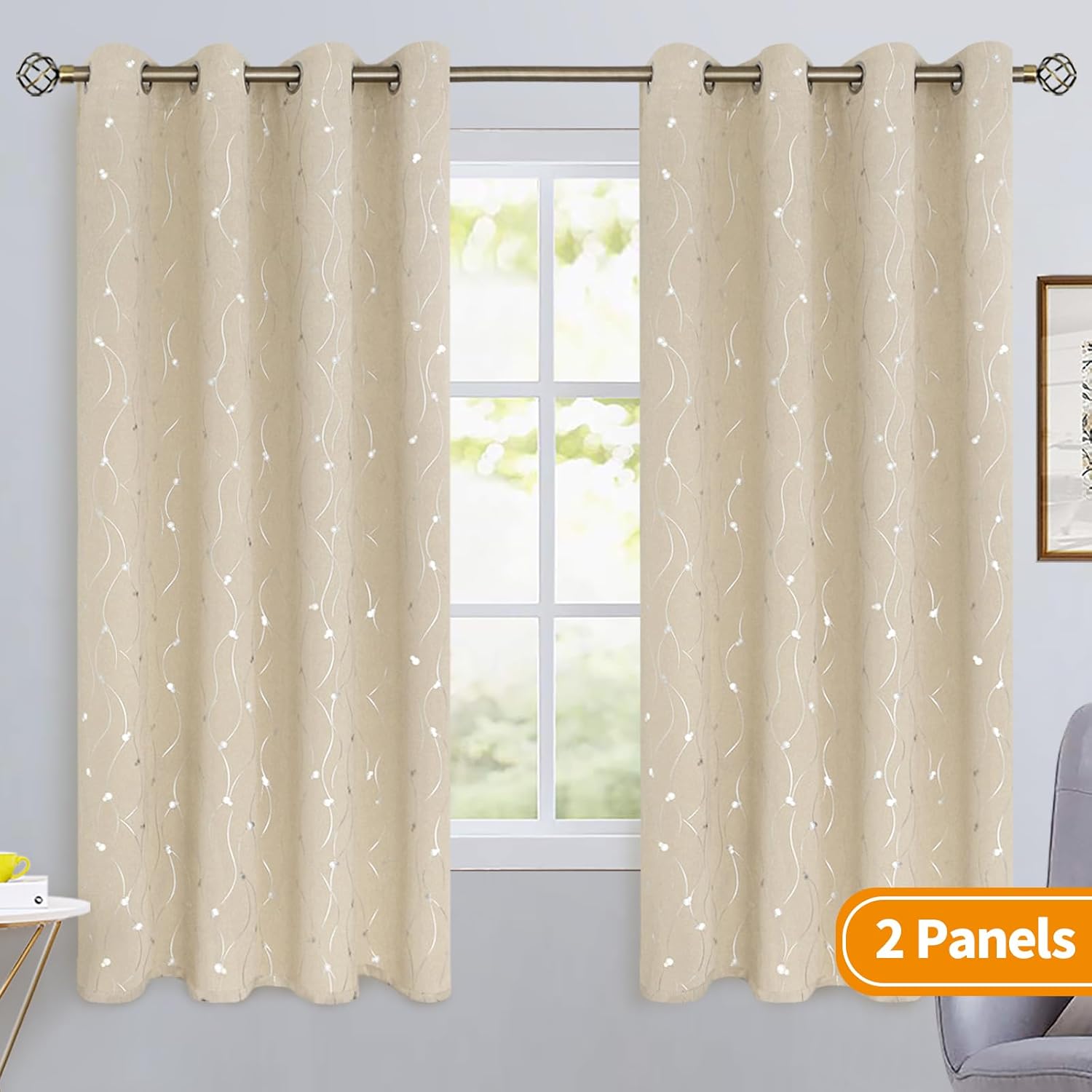 BGment Blackout Curtains 84 Inch Length 2 Panels Set, Grommet Thermal Insulated Blackout Curtains with Wave Line and Dots Printed for Bedroom, 2 Panels, Each 52 x 63 Inch, Champagne