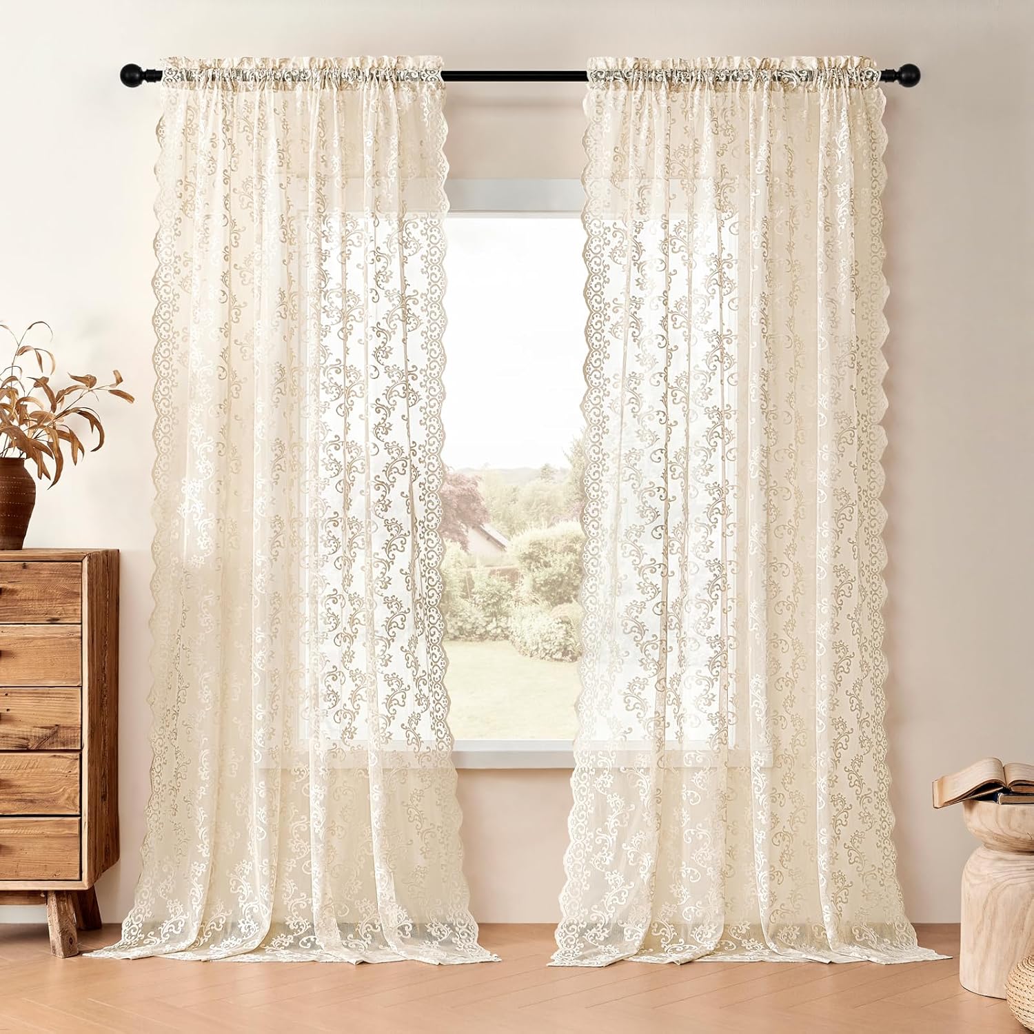 FOLKSIDE Beige Lace Curtains - 84 Inch Long, 2 Panel Vintage Paisley Curtains for Living Room & Bedroom - Rod Pocket, Light Filtering, French Crochet, Victorian Sheer Drapes - 52x84