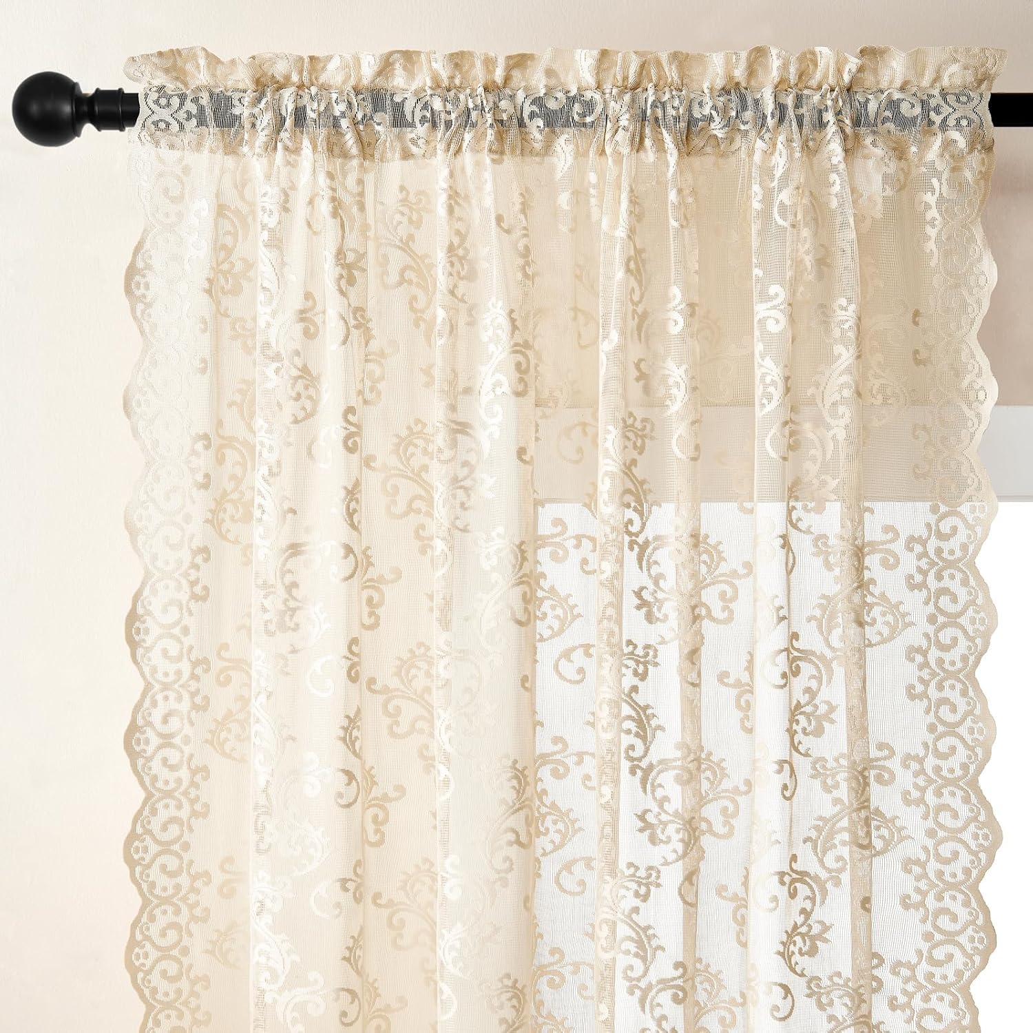 Alternative view of FOLKSIDE Beige Lace Curtains - 84 Inch Long, 2 Panel Vintage Paisley Curtains for Living Room & Bedroom - Rod Pocket, Light Filtering, French Crochet, Victorian Sheer Drapes - 52x84