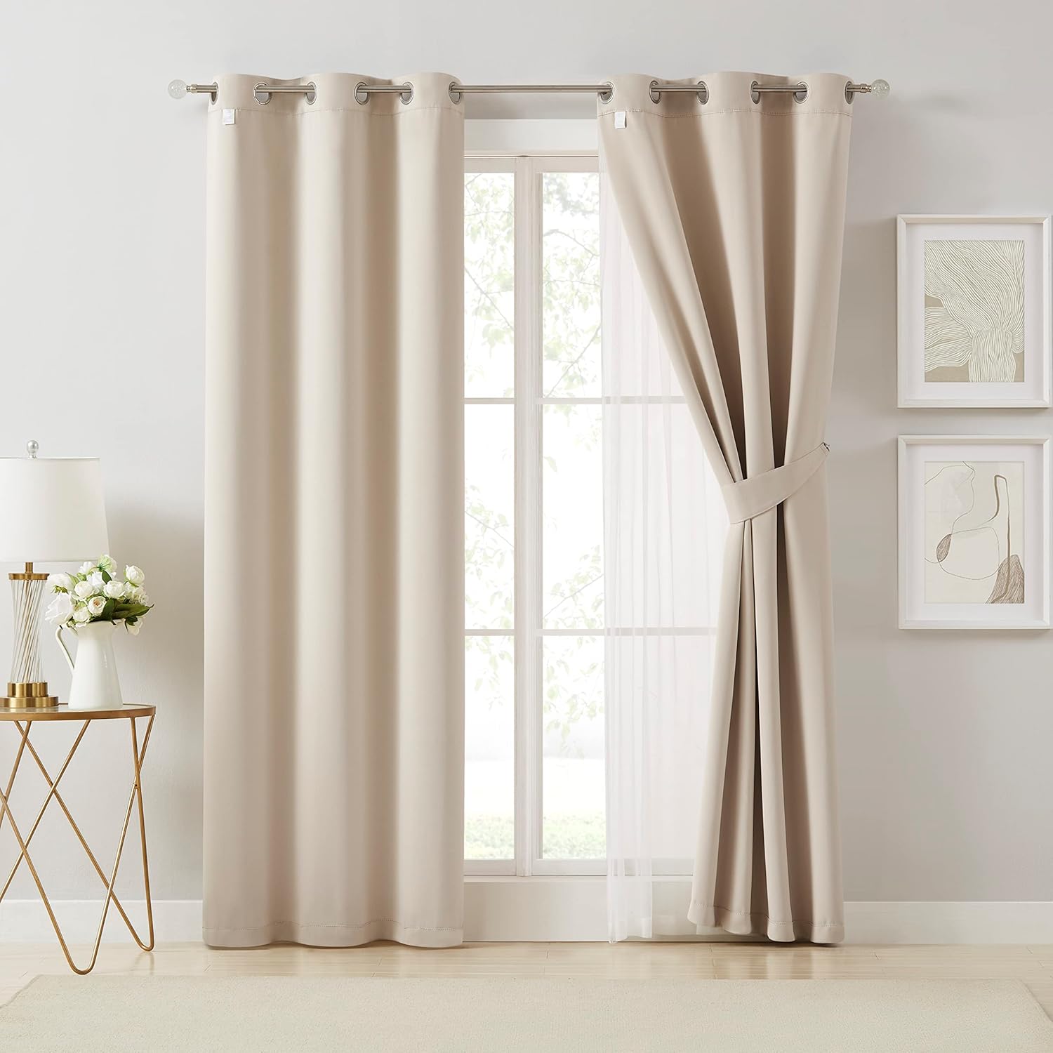 Alternative view of Bujasso Beige 80% Blackout Curtains with Sheer Overlay Mix and Match Double Layer Thermal Insulated Window Panels 95 inch for Living Room Bedroom Beige Drapes with Tiebacks Grommet Top 37" Wx95 Lx2