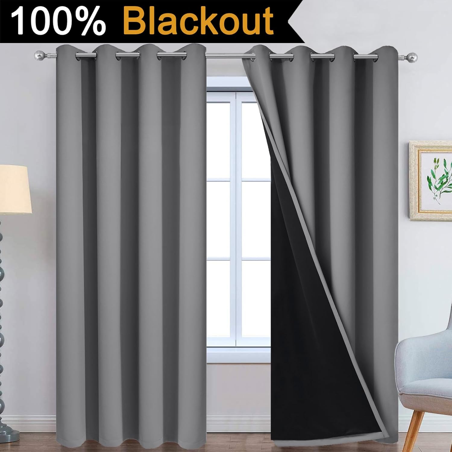 Alternative view of Yakamok 100% Blackout Curtains 84 Inches Long, 2 Thick Layers Heat and Full Light Blocking Soft Thermal Insulated Drapes for Bedroom(52" Wide Each Panel, Grey, 2 Panels)