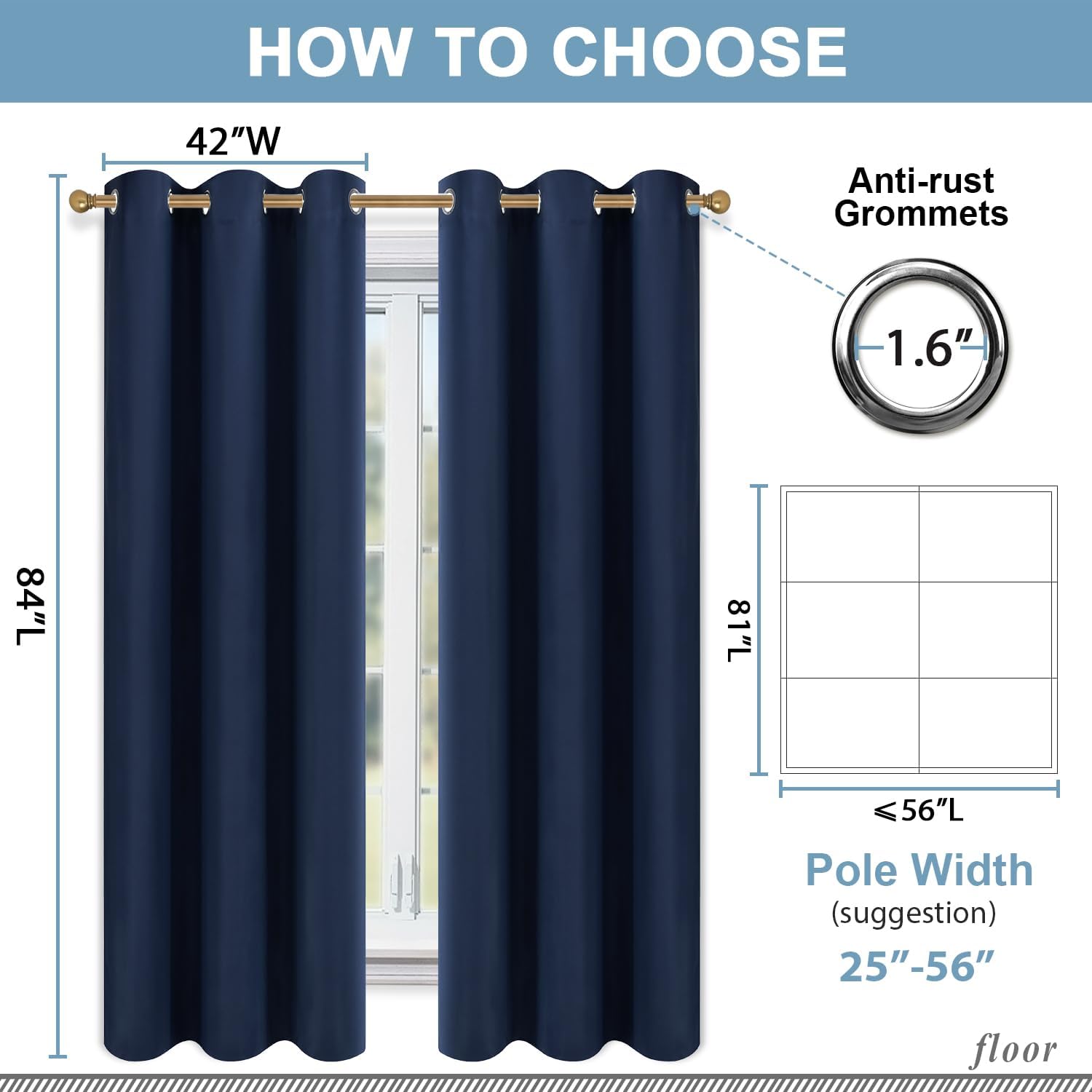 Diraysid Blackout Curtains for Bedroom Grommet Thermal Insulated Room Darkening Curtains (42 x 84 Inch, 2 Panels, Navy Blue)