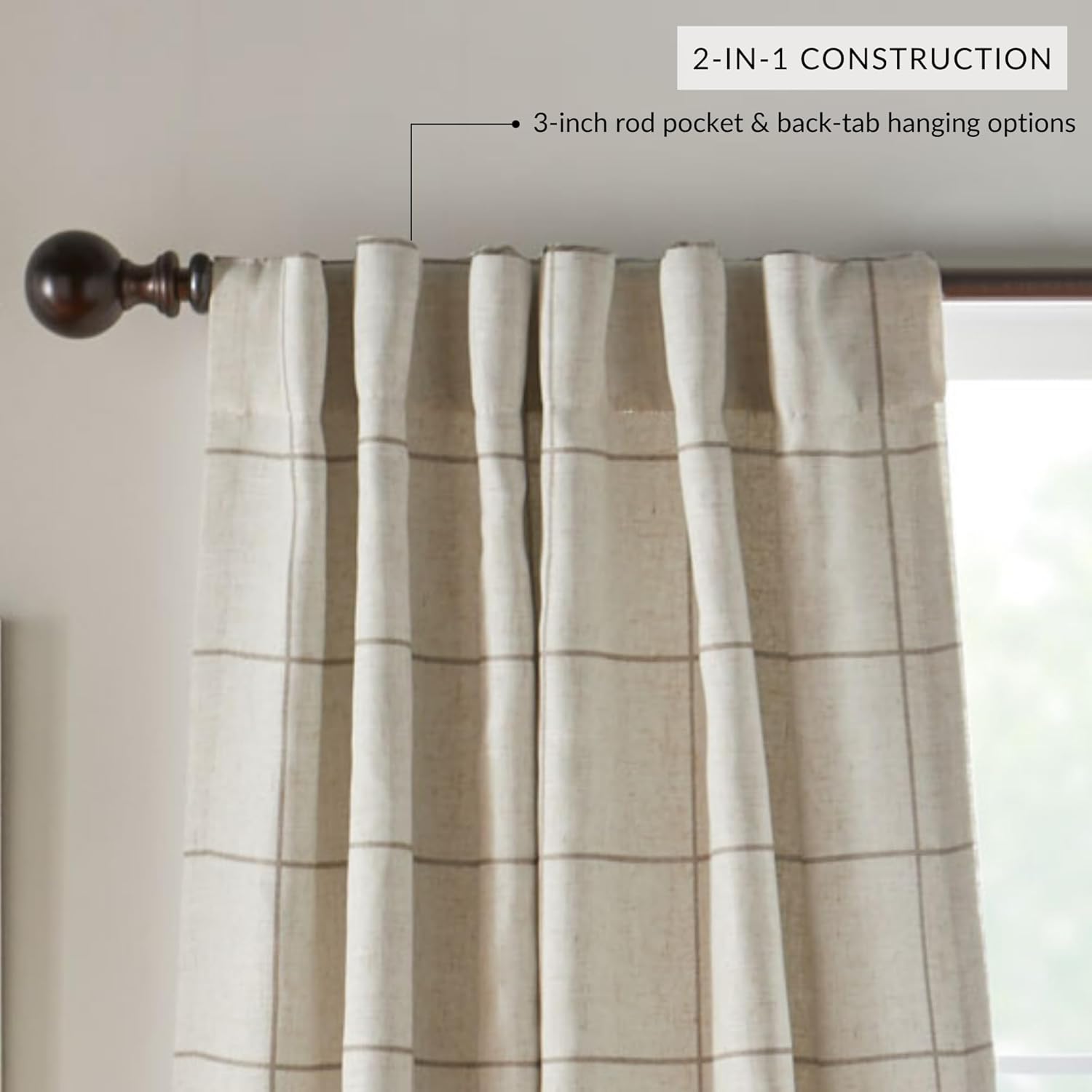Alternative view of Elrene Home Fashions Brighton Windowpane Plaid Blackout Window Curtain, Living Room and Bedroom Drape with Rod Pocket Tabs, 52" x 84", Linen, 1 Panel