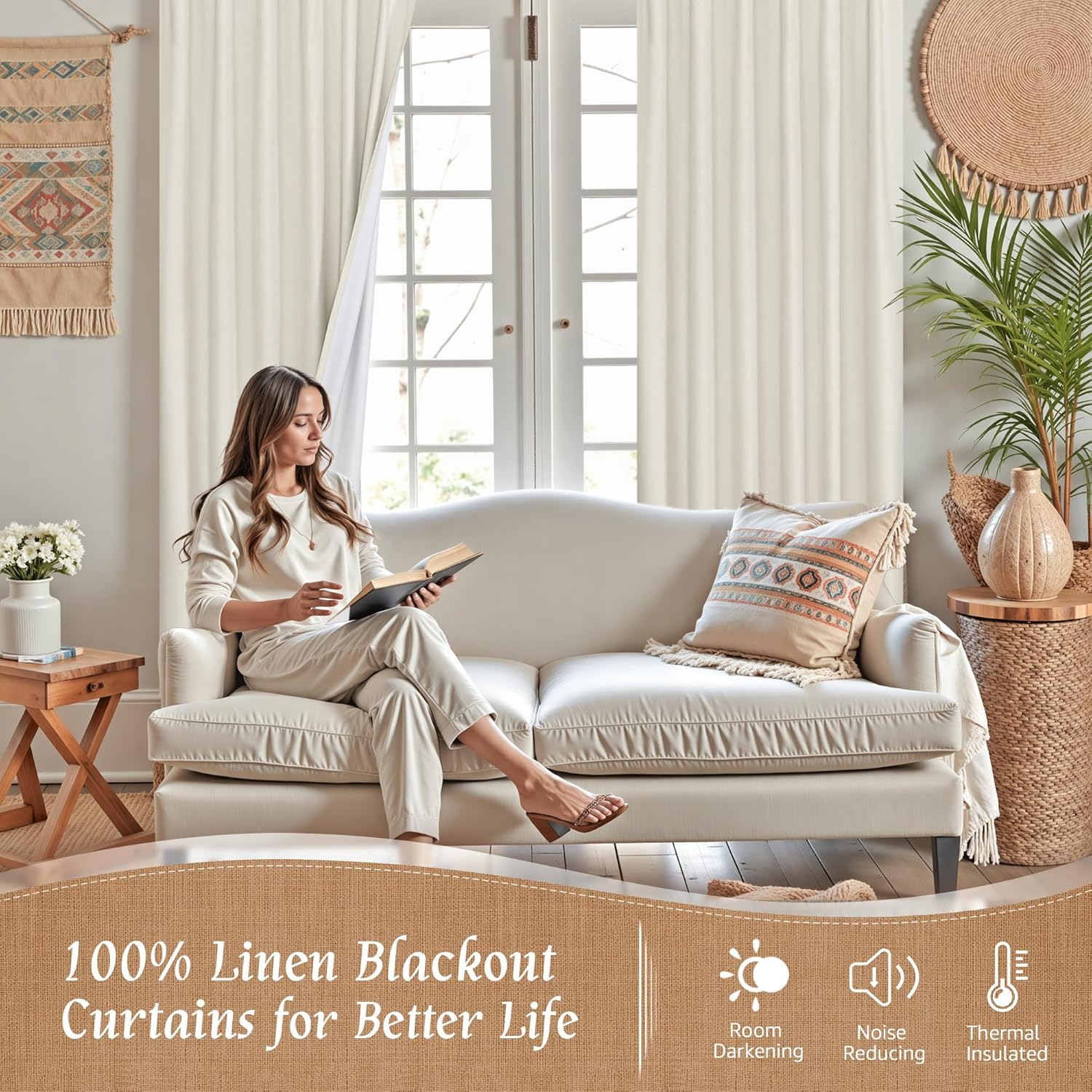 Alternative view of LAMIT 100% Blackout Natural Linen Curtains, 63 Inches Linen Textured Thermal Bedroom Curtains Back Tab and Rod Pocket Neutral Panels with White Liner for Farmhouse, 2 Panels, 52 x 63 Inch, Ivory