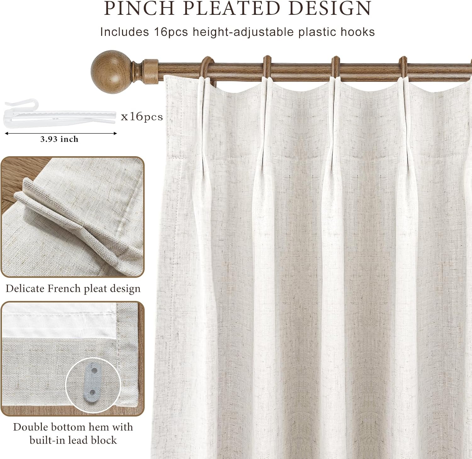 Alternative view of IVAPUPU Natural Pinch Pleated 100% Blackout Linen Curtains 90 Inch Length for Bedroom, Black Out Pinch Pleat Curtains for Living Dining Room Darkening Thermal Insulated Drapes with 16 Hooks, 2 Panels