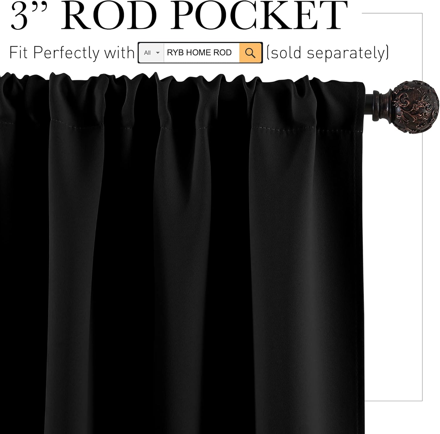RYB HOME Bedroom Blackout Curtains 45 inches Length - Black Curtains Light UV Block Insulated Energy Saving Drapes for Bedroom Dining Living Room, 42 x 45 inches Long, Black, Set of 2