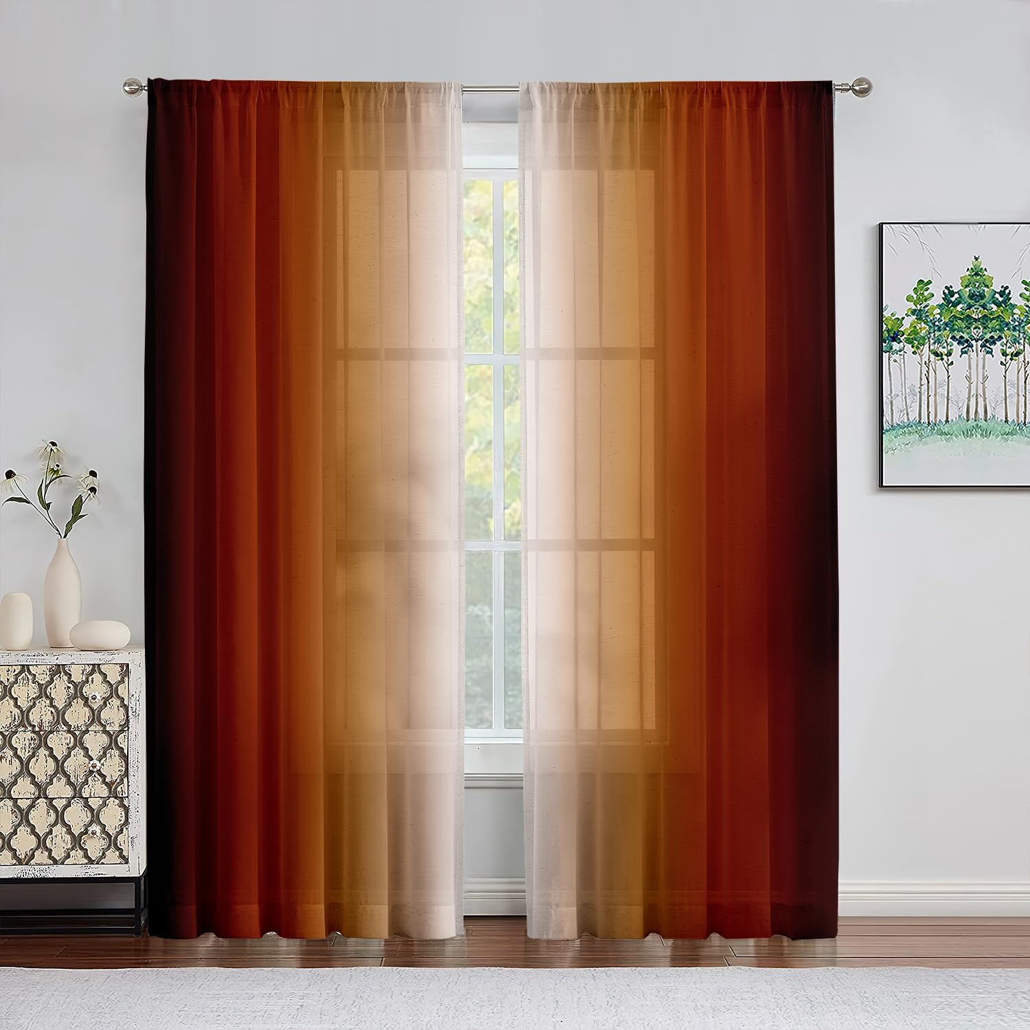 Alternative view of Burnt Orange Curtains 84 Inch Length for Living Room 2 Panel Set Burnt Orange and Terracotta Window Curtain Rust Orange Ombre Gradient Light Filtering Curtains Modern Abstract Drapes
