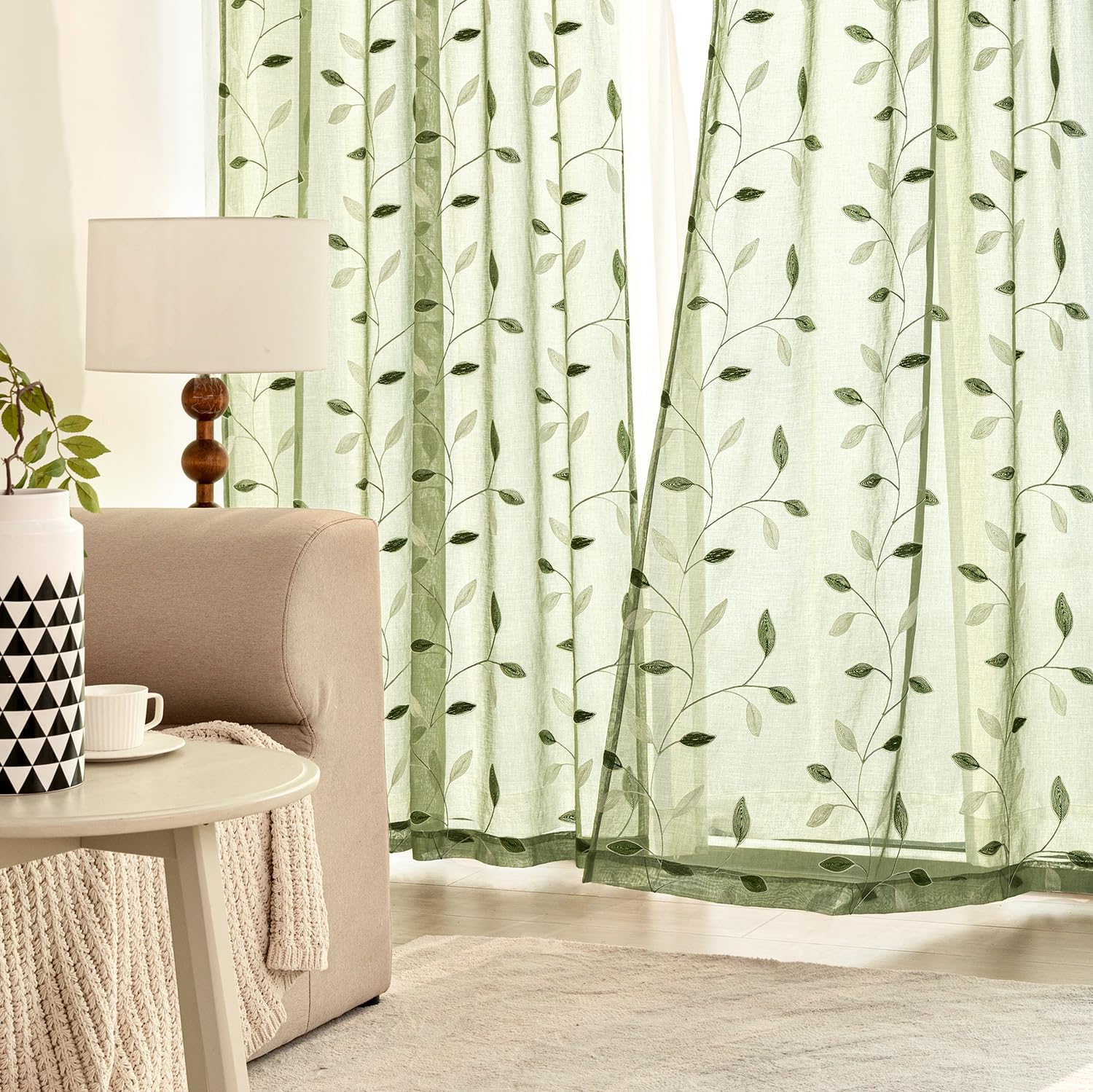 MIULEE Sage Green Sheer Curtains 2 Panels Embroidered Leaf Patterned Rod Pocket Floral Semi Sheer Faux Linen Window Curtains Drapes Set for Living Room Bedroom Dining Room, 52x96 Inches Long