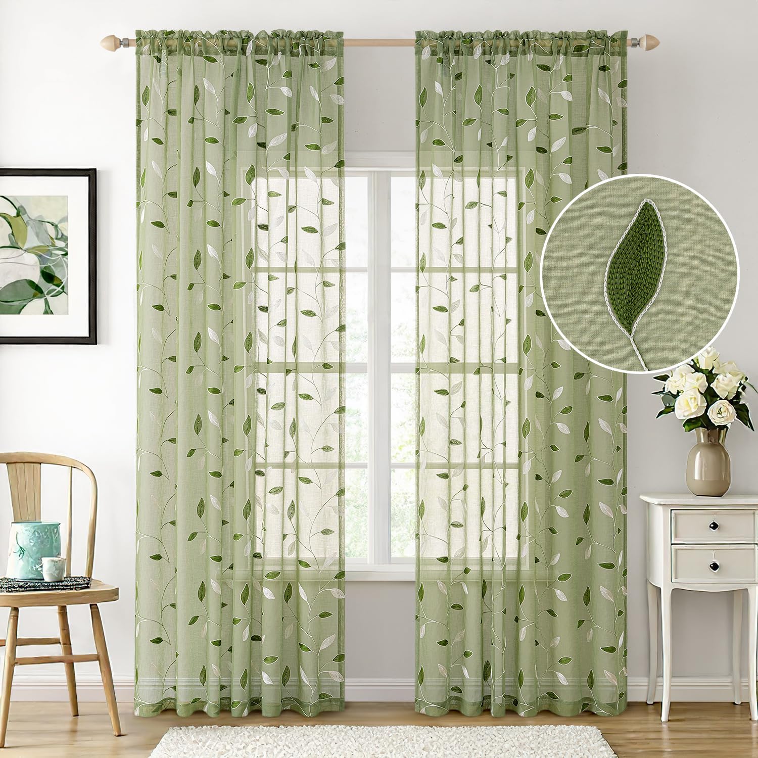 Alternative view of MIULEE Sage Green Sheer Curtains 2 Panels Embroidered Leaf Patterned Rod Pocket Floral Semi Sheer Faux Linen Window Curtains Drapes Set for Living Room Bedroom Dining Room, 52x96 Inches Long