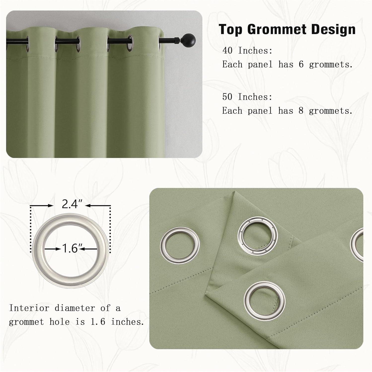 Alternative view of Simplebrand Sage Green Room Darkening Curtains for Bedroom 63 Inch Length 2 Panels Set, Thermal Insulated Energy Saving Curtains for Kids Room, Grommet Solid Nursery Window Treatment Drapes, W40 x L63