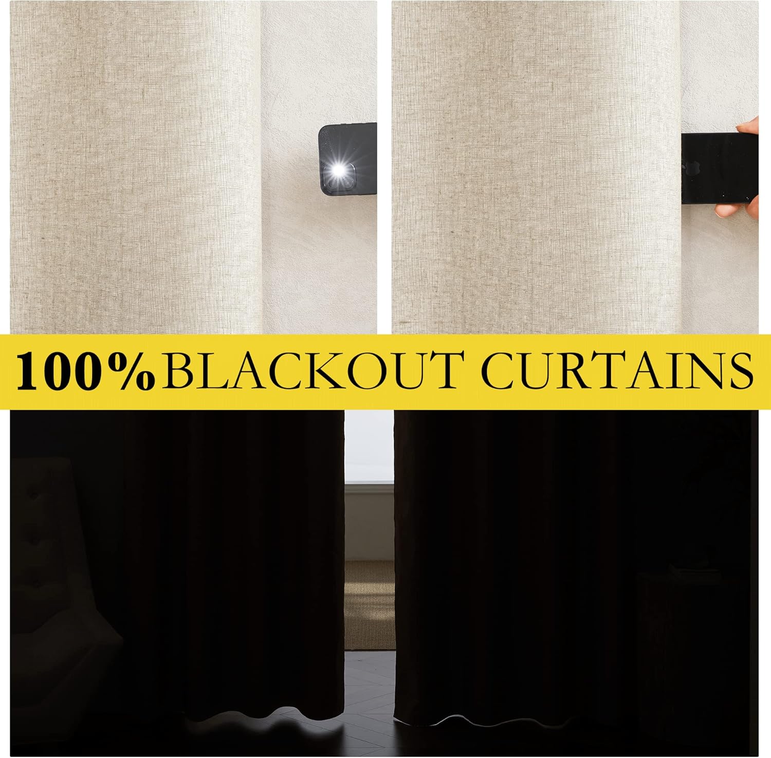 NICETOWN 100% Absolutely Blackout Linen Curtains with Thermal Insulated White Liner, 52" Wide, 2 Panels, 84 inches Long Drapes, Grommet Retro Beige Linen Curtains Vertical Drapes Privacy for Bedroom