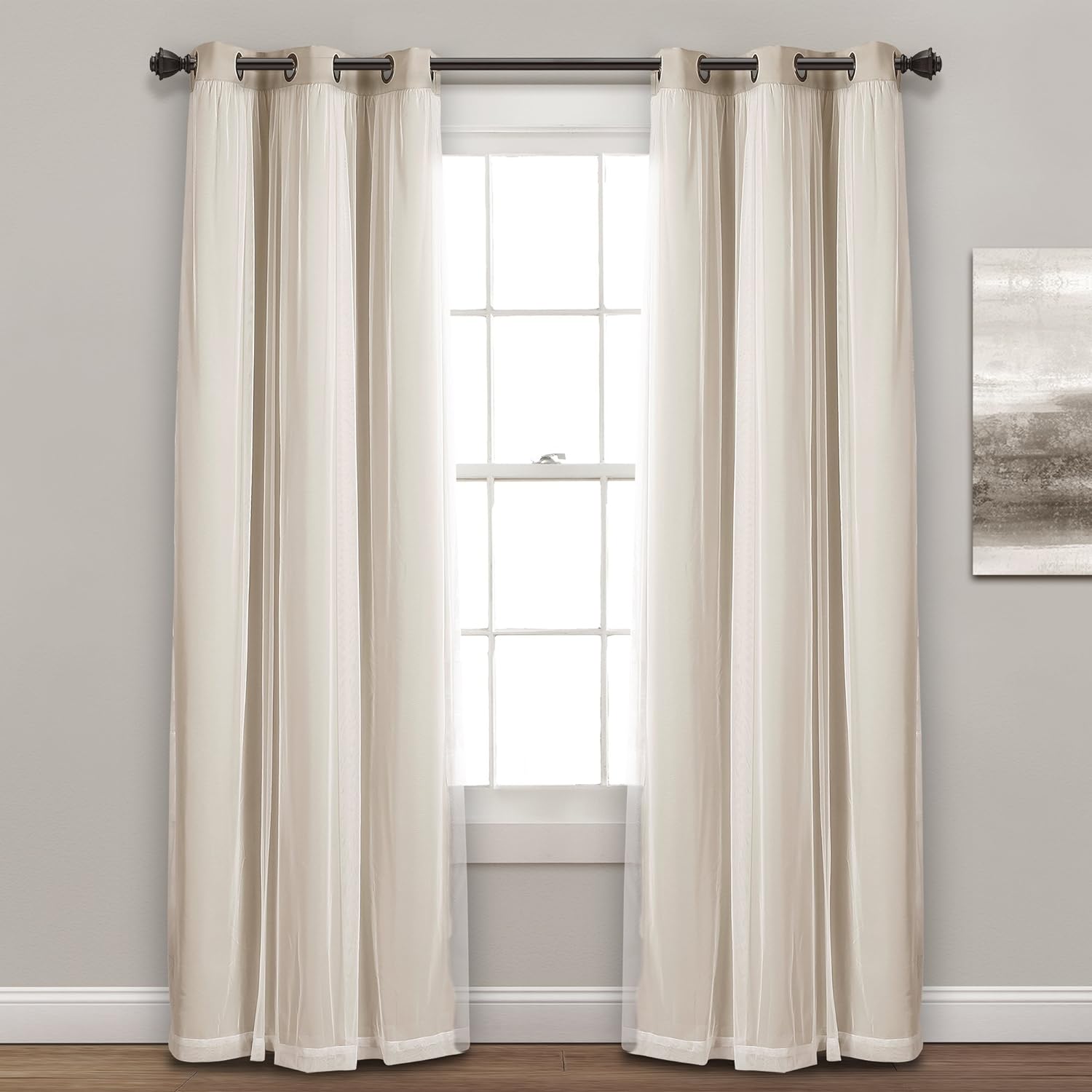 Lush Decor Sheer Grommet Curtains With Insulated Blackout Lining, Window Curtain Panels, Pair, 38"W x 84"L, Wheat - Curtain With Sheer Overlay, Elegant Blackout Curtains for Bedroom