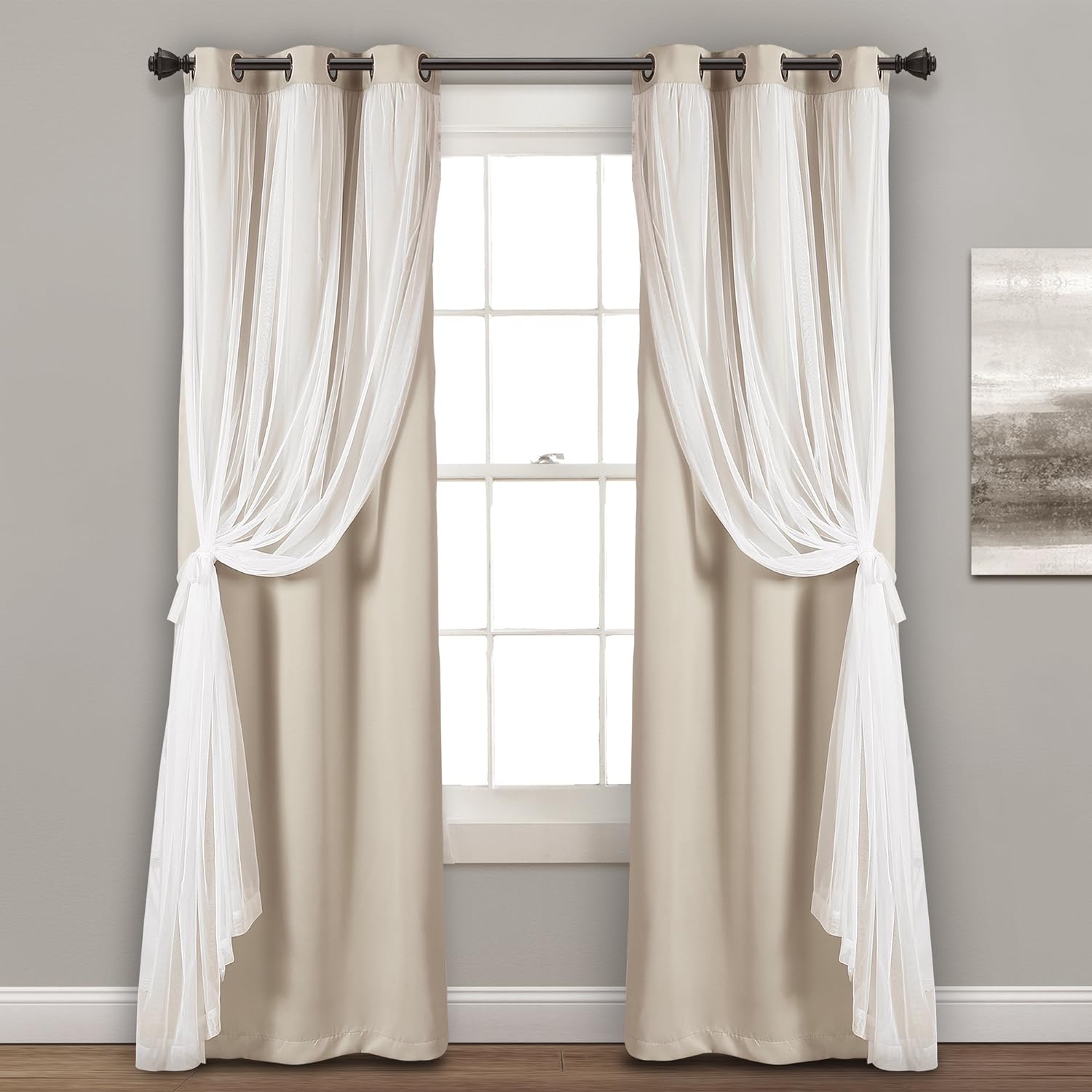 Alternative view of Lush Decor Sheer Grommet Curtains With Insulated Blackout Lining, Window Curtain Panels, Pair, 38"W x 84"L, Wheat - Curtain With Sheer Overlay, Elegant Blackout Curtains for Bedroom