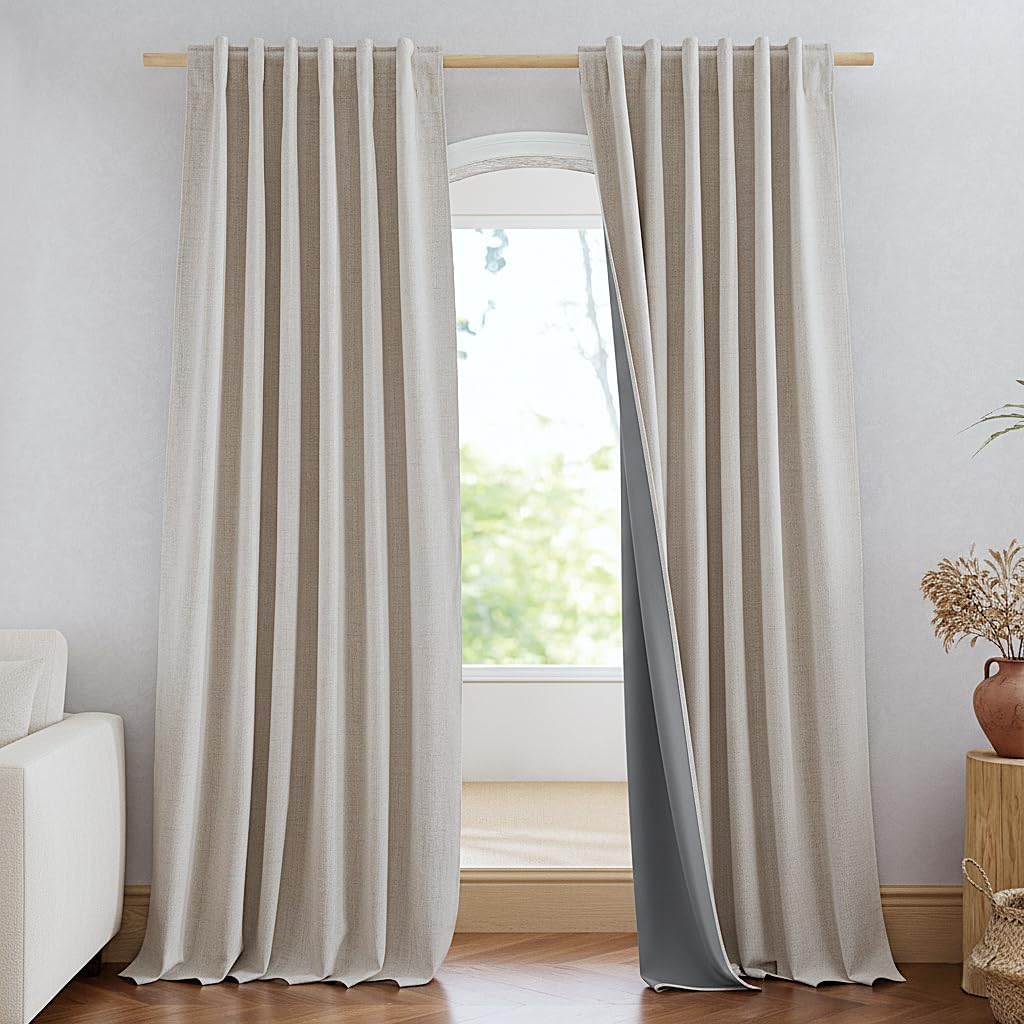 NICETOWN 100% Blackout Linen Curtains 90" Long for Bedroom, Thermal Insulated Living Room Curtains with Liner, Farmhouse Style Linen Blend Window Draperies for Dining Room (2 Panels, 52" W, Natural)
