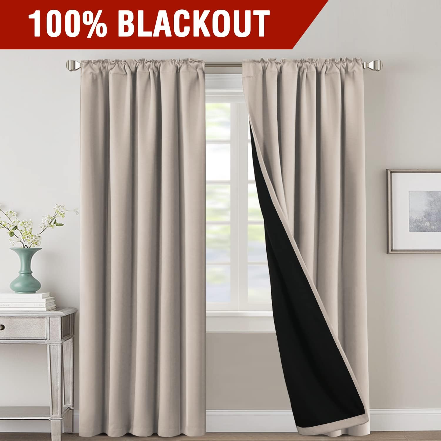Alternative view of H.VERSAILTEX 100% Blackout Curtains for Bedroom with Black Liner Full Room Darkening Curtains 84 Inch Long Thermal Insulated Back Tab/Rod Pocket Window Drapes for Living Room, 2 Panels, Natural Sand