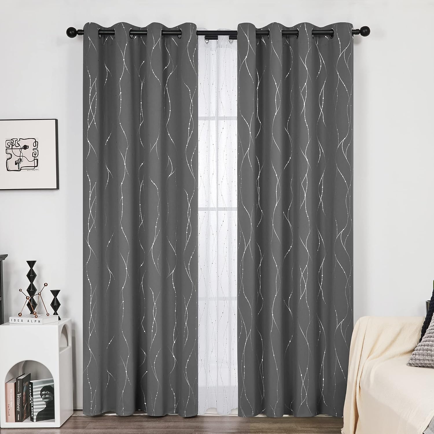 Deconovo Blackout Curtains, Grey Curtain, Thermal Insulated Soundproof Curtain Drapes, Wave Dot Foil Print, 52 x 84 Inch, 2 Panels, Machineu2011Washable Privacy Window Drape for Bedroom Living Room Office