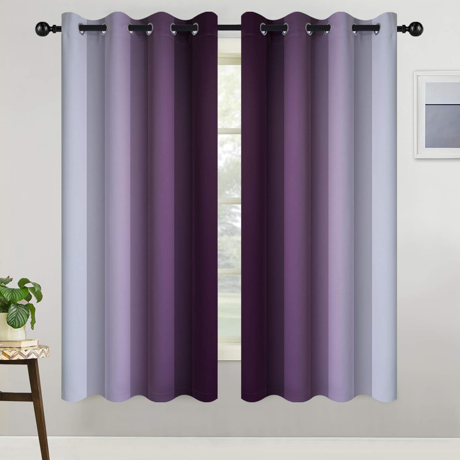 COSVIYA Grommet Ombre Room Darkening Curtains 63 inch Length, Purple and Greyish White Gradient Drapes Light Blocking Insulated Thermal Window Curtains for Bedroom/Living Room,2 Panels,52x63 inches
