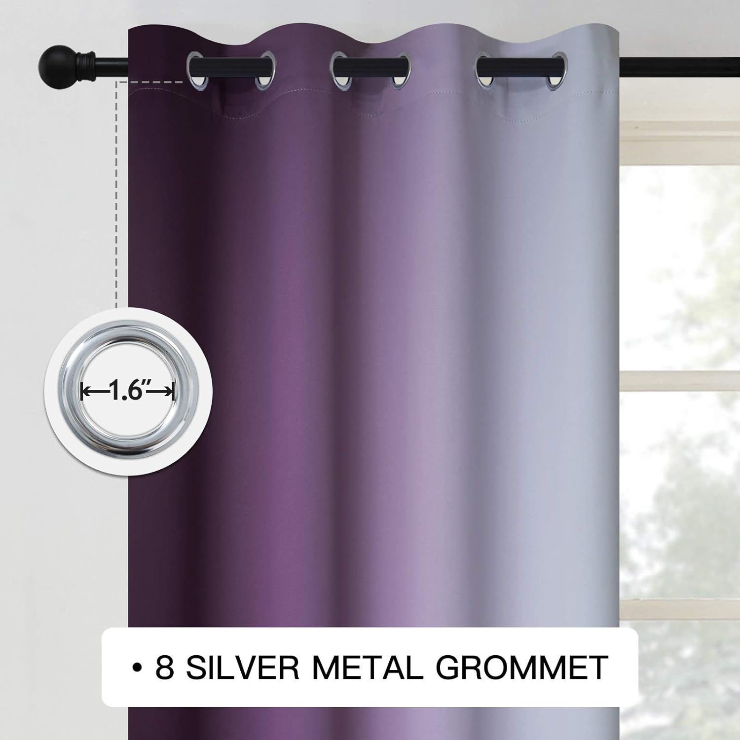 Alternative view of COSVIYA Grommet Ombre Room Darkening Curtains 63 inch Length, Purple and Greyish White Gradient Drapes Light Blocking Insulated Thermal Window Curtains for Bedroom/Living Room,2 Panels,52x63 inches