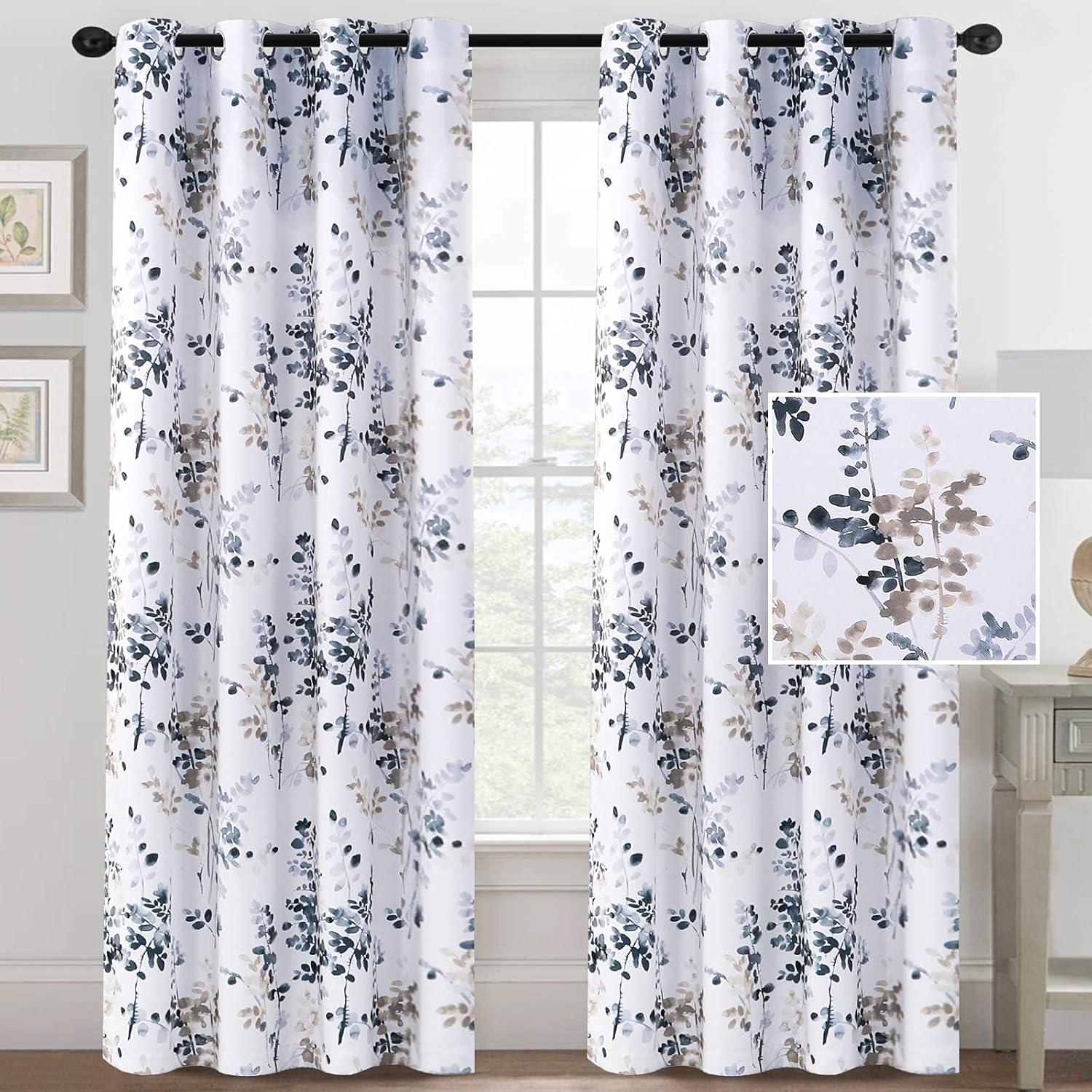 H.VERSAILTEX Blackout Curtains for Living Room Darkening Thermal Insulated Panels 84 Inch Long Light Blocking Grommet Curtains/Drapes, 2 Panels, Vintage Classical Floral Printing Bluestone and Taupe