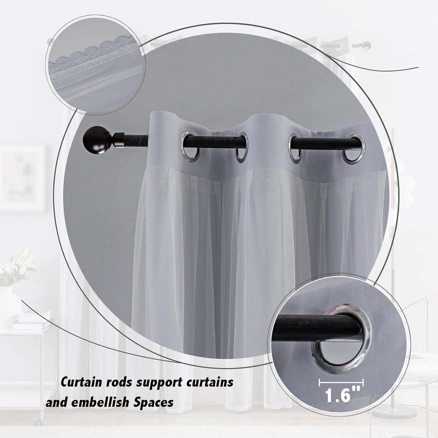 Alternative view of Anytime Home Curtains Blackout and Sheer Layered Solid Window Curtain Panel Pair with Grommet Top, 52Wx63L,Greyish White