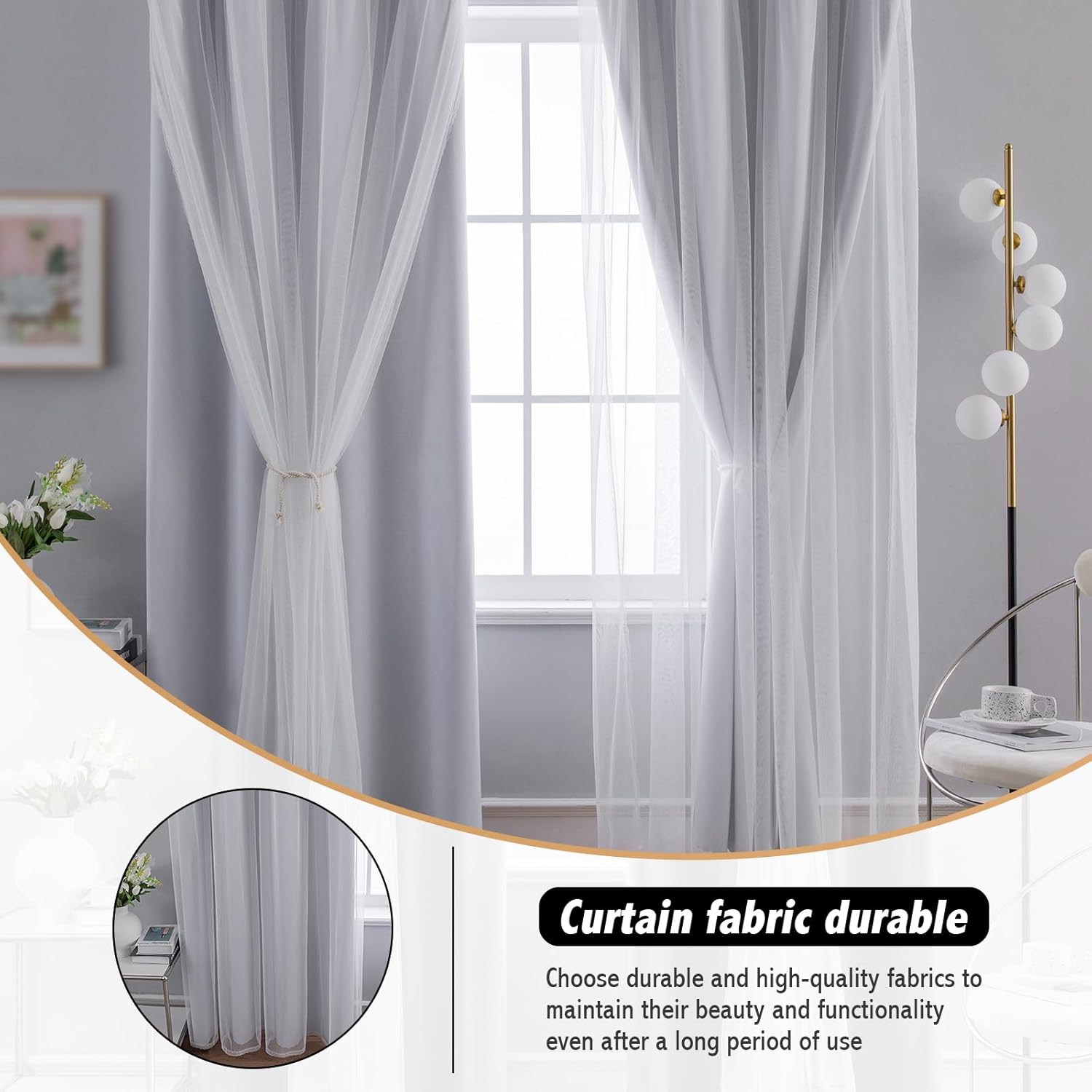 Anytime Home Curtains Blackout and Sheer Layered Solid Window Curtain Panel Pair with Grommet Top, 52Wx63L,Greyish White - Image 5
