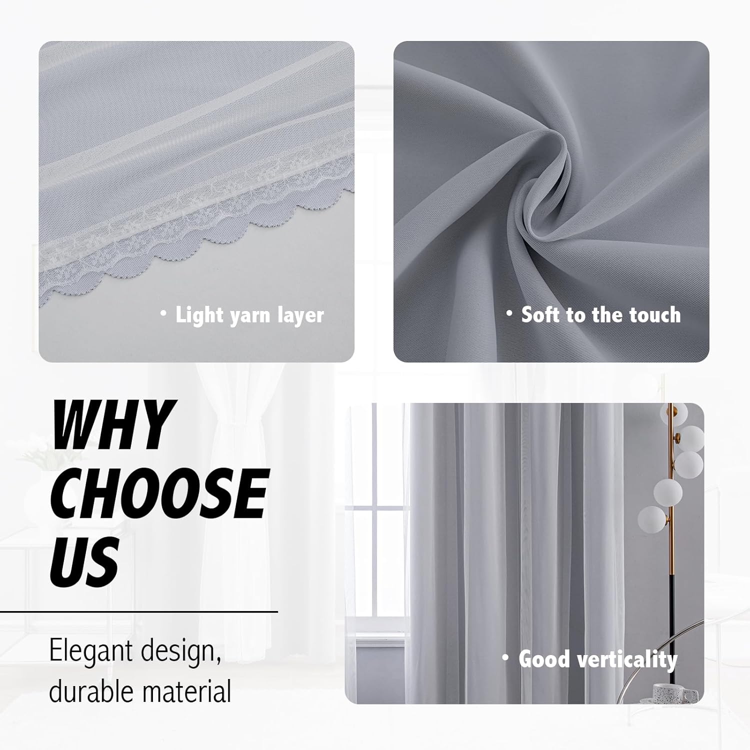 Anytime Home Curtains Blackout and Sheer Layered Solid Window Curtain Panel Pair with Grommet Top, 52Wx63L,Greyish White - Image 6