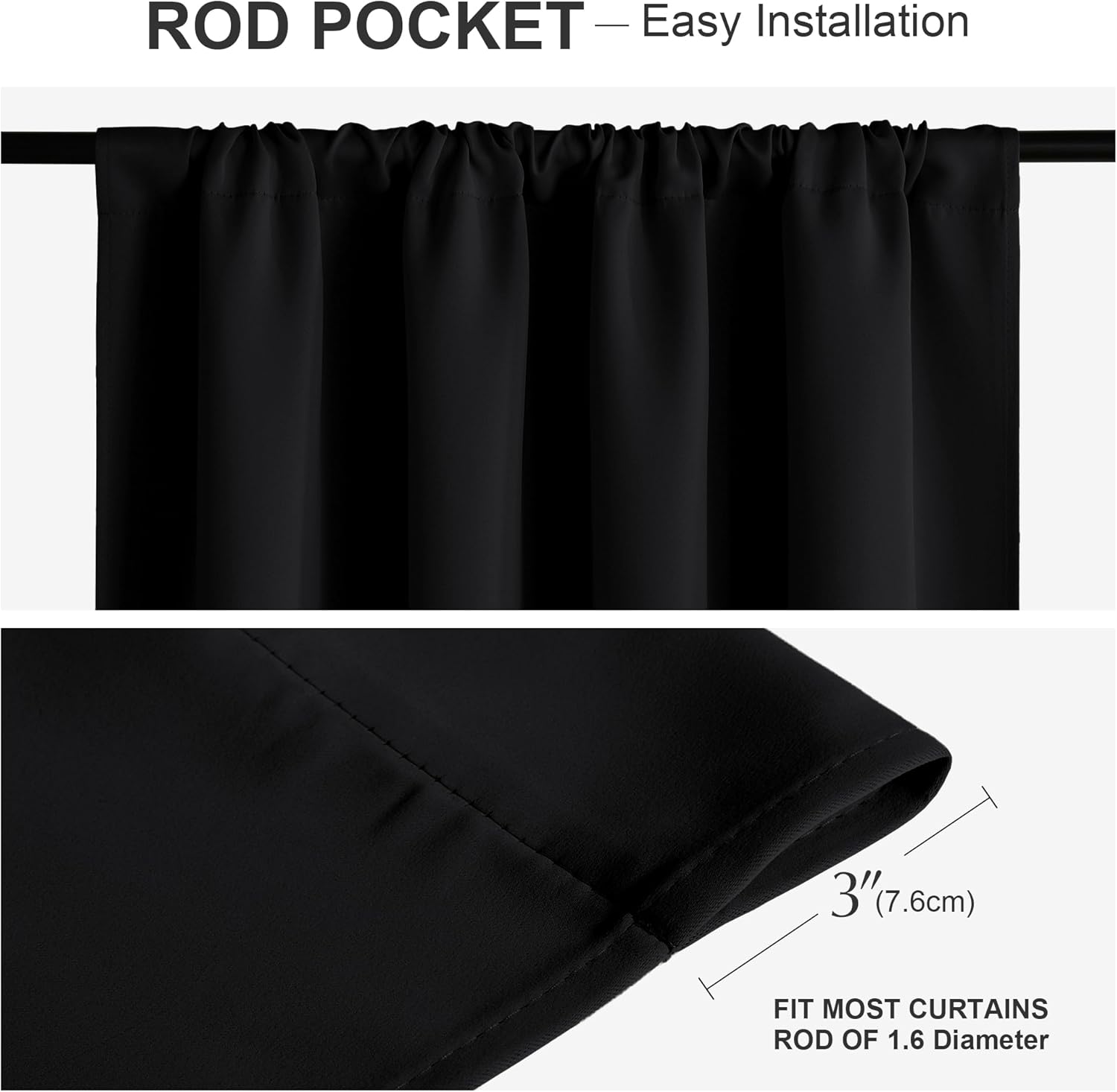 PONY DANCE Blackout Curtains for Bedroom 72 inch Long - Solid Rod Pocket Thermal Insulated Panels for Living Room, Black Out Energy Efficient Window Drapes, 42-inch by 72-inch, Black, 2 Pieces