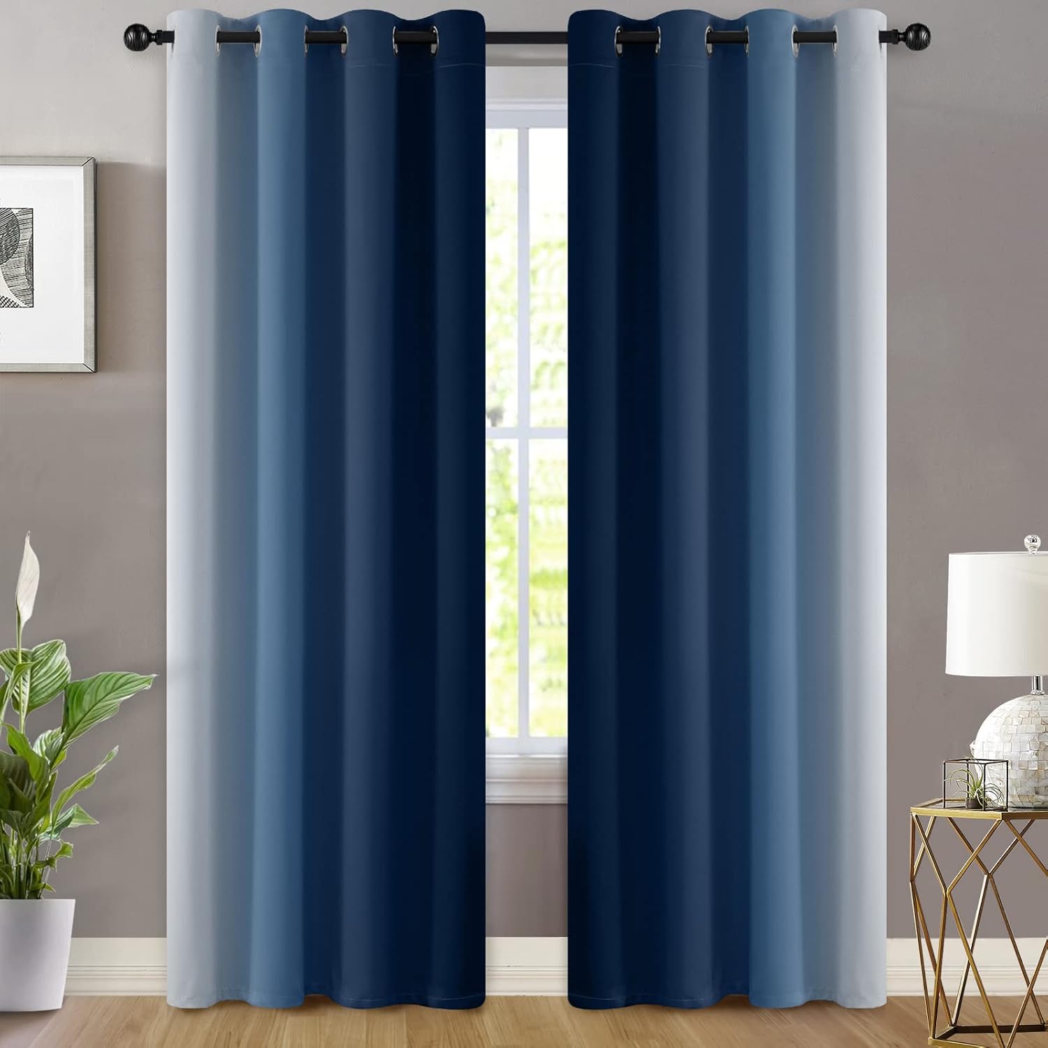 Alternative view of Yakamok Blue and Greyish White Ombre Curtains, Room Darkening Gradient Color Curtains for Bedroom, Light Blocking Thermal Insulated Window Drapes for Living Room(2 Panels, 52x84 Inch)