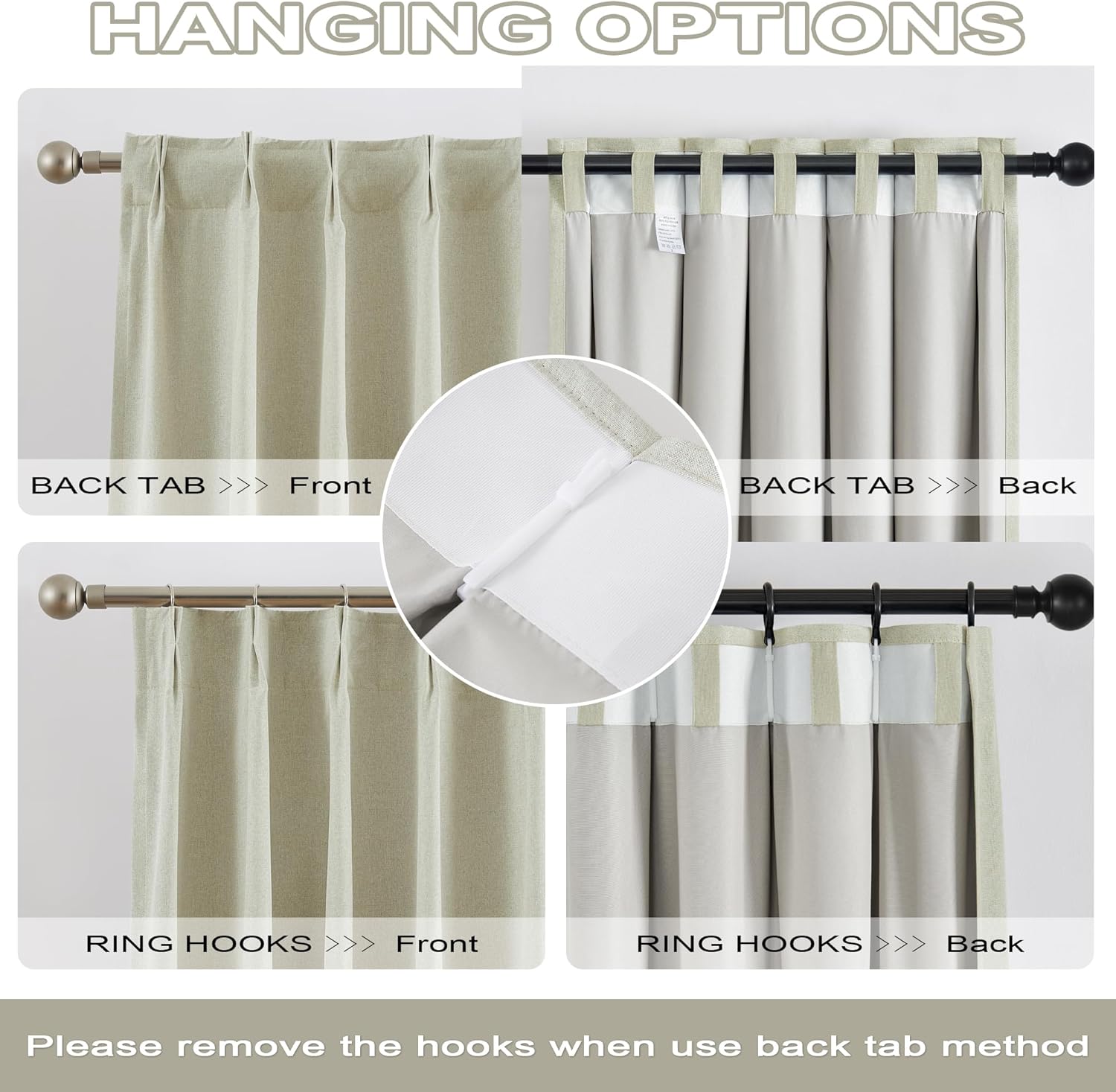 DUALIFE 90 Inch Curtains for Living Room Greige Natural Linen,Pinch Pleat/Back Tab Country Hooks Drapes for Sliding Patio Door Two Burg Blackout Track System Curtains Set of 2,W40xL90 - Image 3