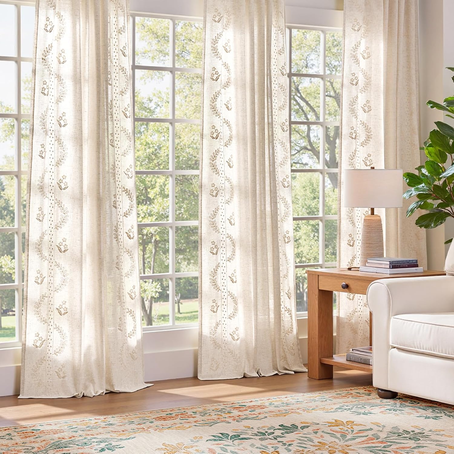 Alternative view of jinchan Belrose Linen Curtains for Bedroom Floral Curtains 84 Inch Length Linen Blend Ivory Embroidered Drapes Farmhouse Flower Patterned Drapes for Living Room Window Treatments Set 2 Panels