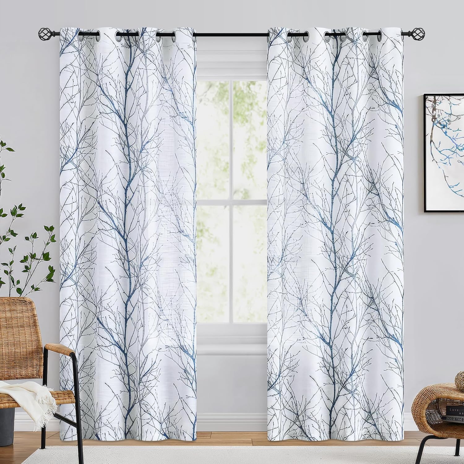 FMFUNCTEX Linen Semi Sheer Curtains for Bedroom, Blue White Curtains 72 Inches Long for Living Room, Grey Tree Branch Patterned Curtain Light Filtering Farmhouse Window Drapes, Grommet Top 2 Panels
