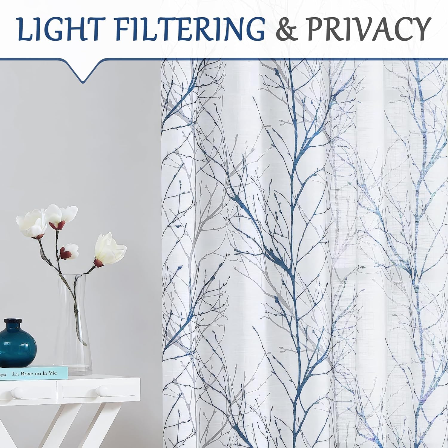Alternative view of FMFUNCTEX Linen Semi Sheer Curtains for Bedroom, Blue White Curtains 72 Inches Long for Living Room, Grey Tree Branch Patterned Curtain Light Filtering Farmhouse Window Drapes, Grommet Top 2 Panels