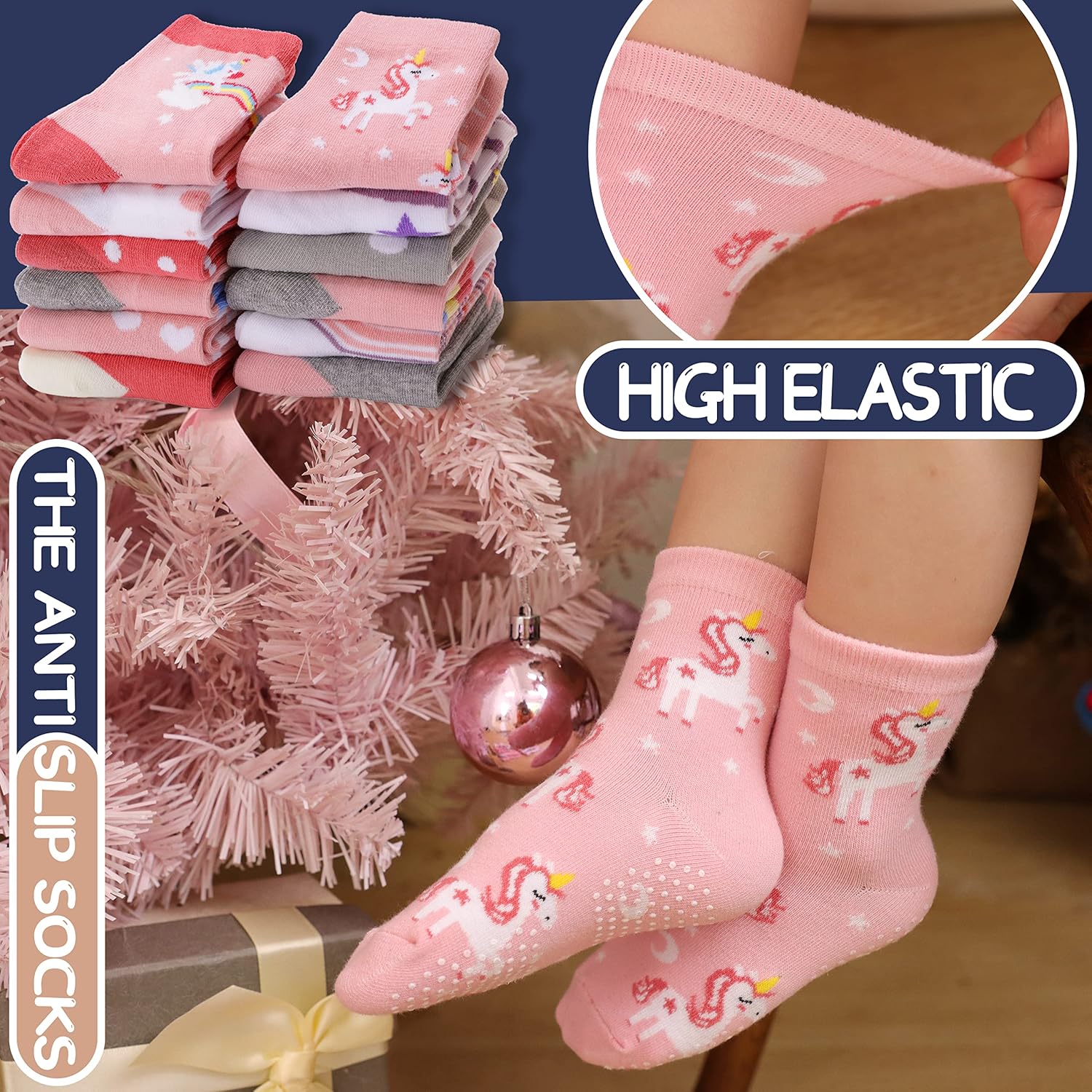 ANTSANG Baby Girls Toddlers Grips Socks Kids Non Slip/Anti Skid Unicorn Striped Crew Cotton Gift Socks